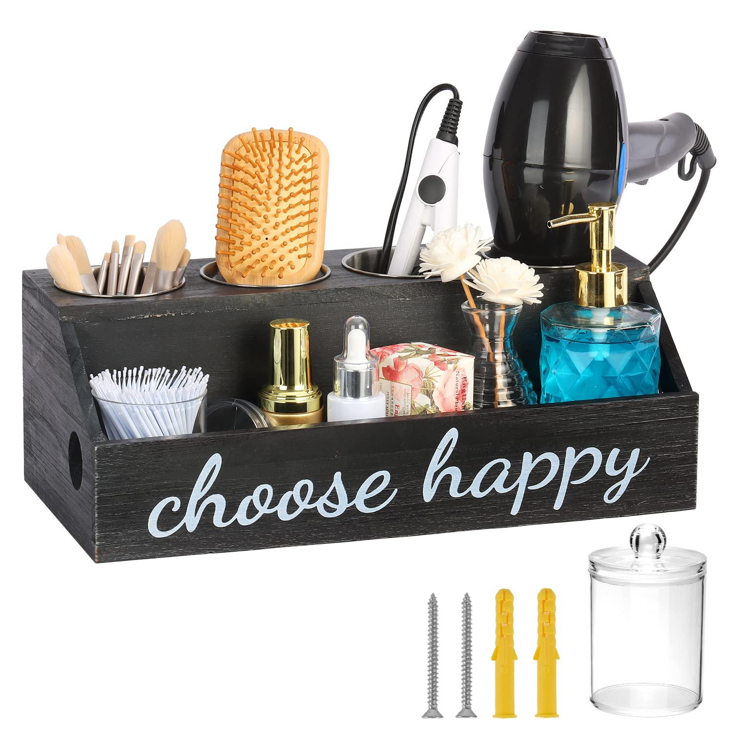 PHUNTTEK Hair Tool Organizer, 5 Compartments Hair Dryer Holder Wall Mounted/Countertop Rustic Black Wood Bathroom Organizer Blow Dryer Holder Hot Hair Tools Curling Iron Holder Vanity Cabinet Storage Stand