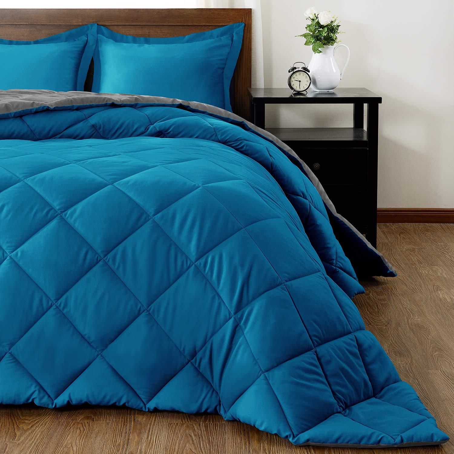 ComfyRight Reversible Comforter Down Alternative 5 Pcs Comforter Set (Ocean/Gray, California Queen ( 90\'\' x 90\'\' ) 5 Pcs ) 1 Comforter with 4 Pillowcase 1000 Tc Soft Cotton