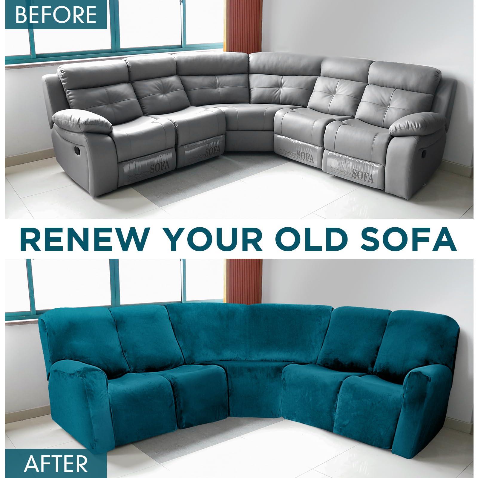 Peryiter Peryiter 7 Pcs L Shape Sectional Recliner Sofa Covers 5 Seat Sectional Couch Covers Milk Silk Velvet Stretch Reclining Sofa Slipcover Furniture Protector for Living Room(Deep Teal,Velvet)