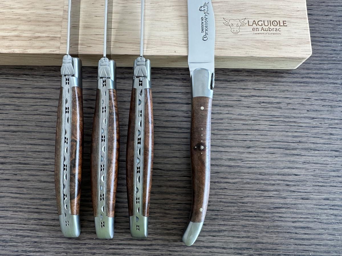 LAGUIOLE EN AUBRAC L Laguiole en Aubrac Luxury Fully Forged Full Tang Stainless Steel Steak Knives 6-Piece Set, Rich Desert Ironwood Handles, Stainless Steel Brushed Bolsters