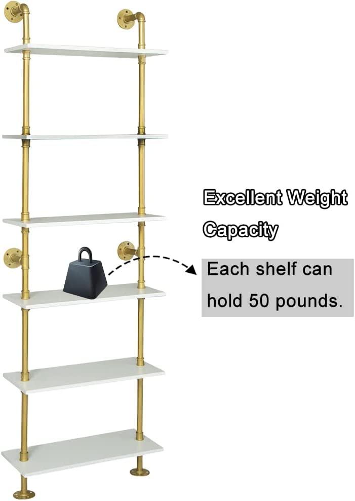 HEONITURE HEONITURE Industrial Gold Bookshelf-6 Tier Wall Mounted Ladder Bookshelf, Rustic Gold Storage Book Shelves Display Bookcases for Living Room/Home/Office