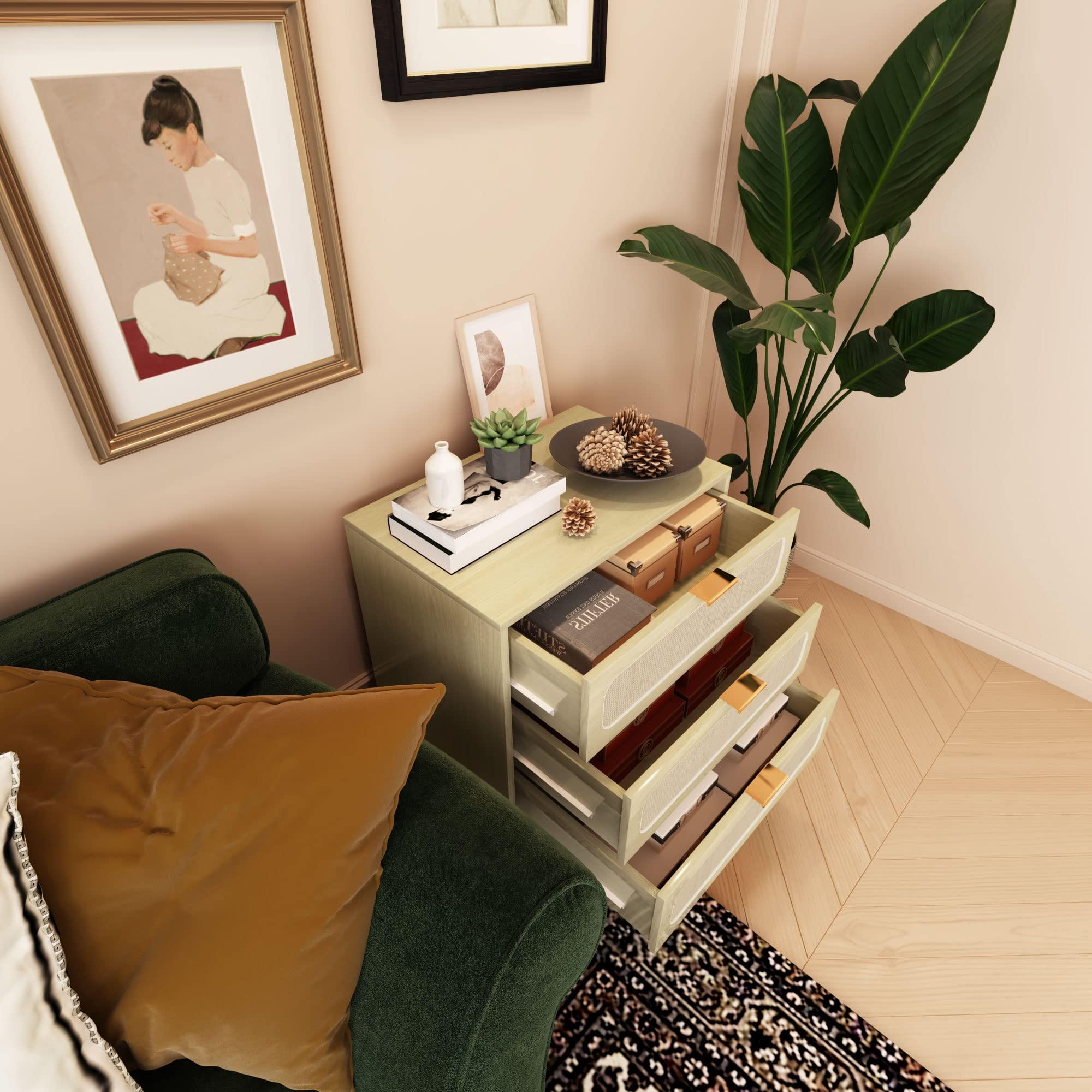 QHITTY QHITTY Drawer Dresser, Rattan Chest of Drawers with 3 Drawers Dresser, Accent Storage Cabinet Modern Bedside Table for Living Room, Bedroom, Entryway (Natural)