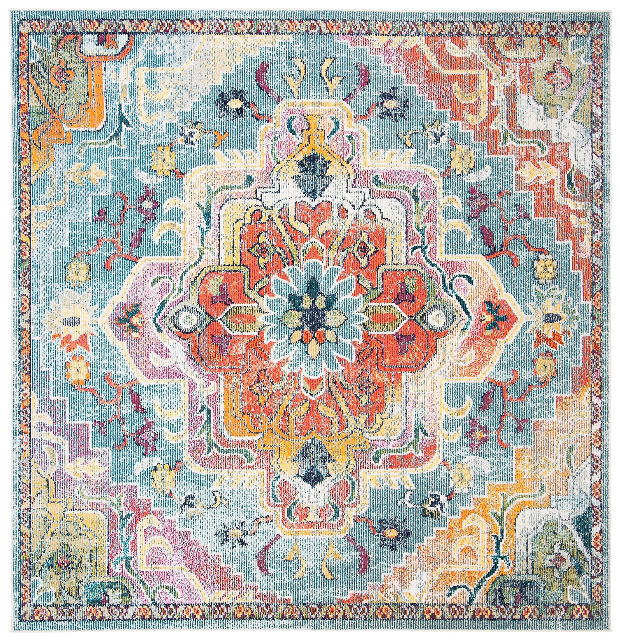 Safavieh SAFAVIEH Crystal Collection 9\' Square Teal/Orange CRS501J Boho Chic Oriental Medallion Distressed Non-Shedding Living Room Bedroom Dining Home Office Area Rug