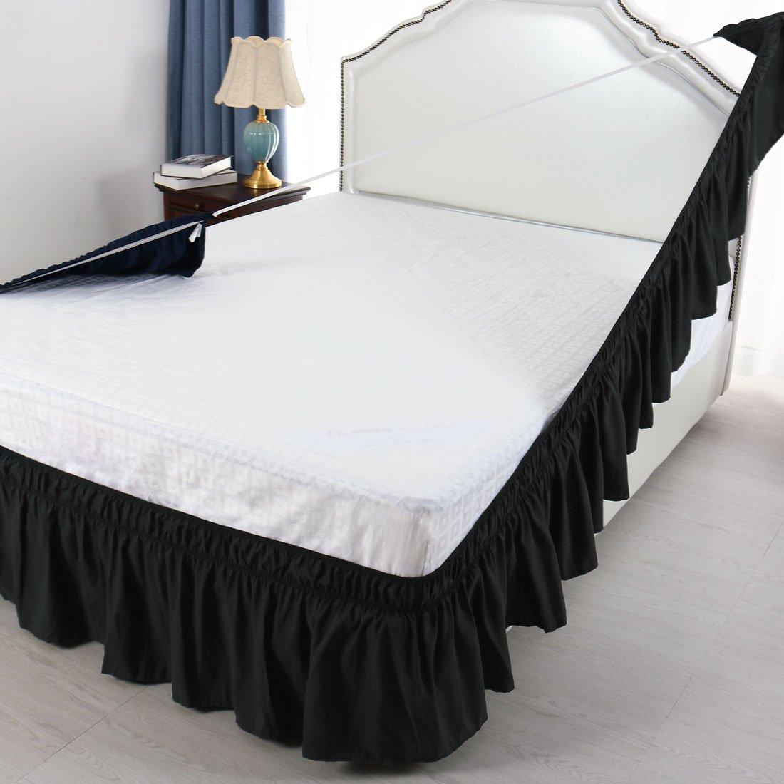 Versatile Bedding Bed Skirt - Wrap Around Bed Skirts Elastic Dust Ruffles, Easy Fit Wrinkle and Fade Resistant Luxurious Fabric Solid Color, Black Short Queen Size Beds 21 Inches Drop