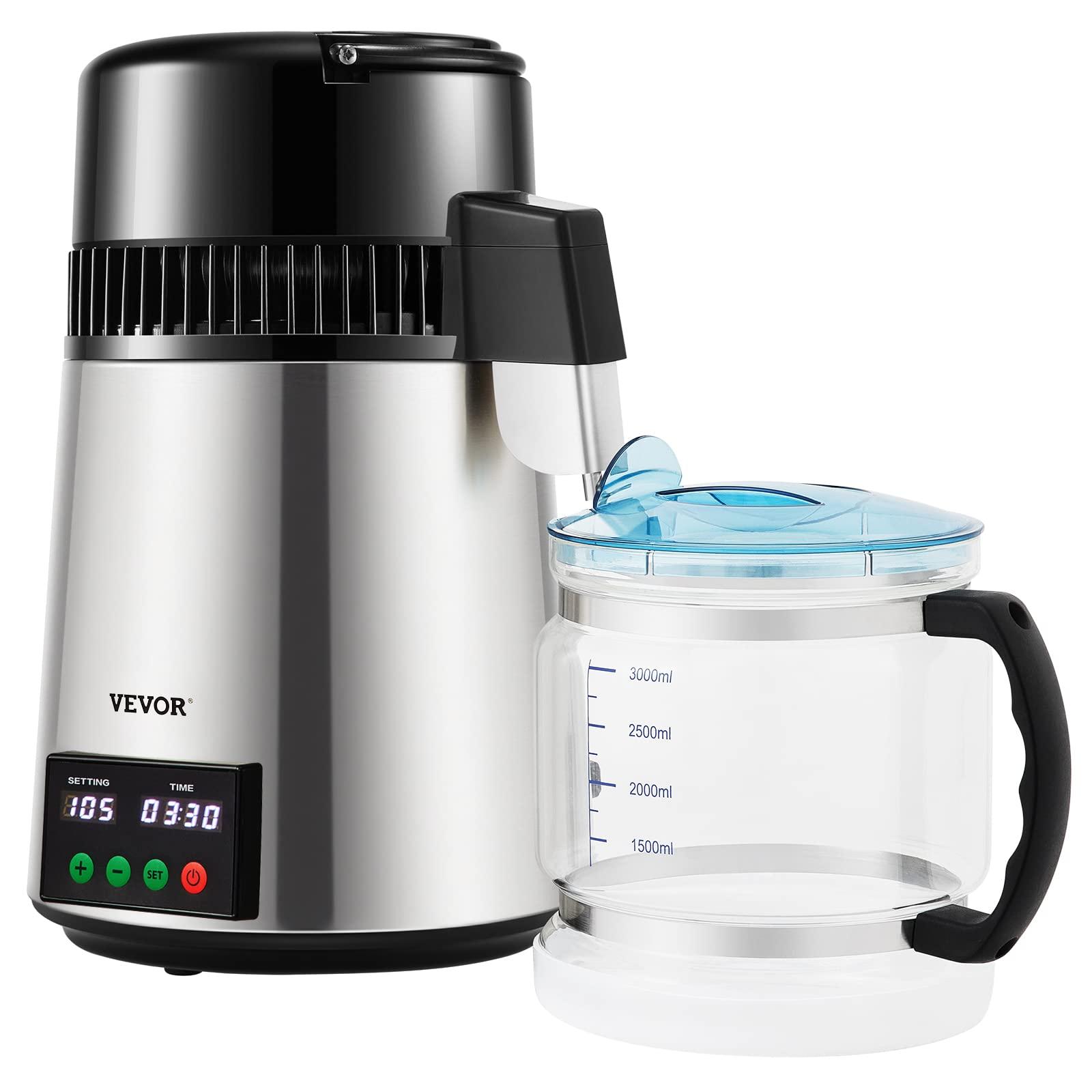 VEVOR VEVOR 1.1 Gal Water Distiller, 0.3 Gal/H, Distilled Water Maker Machine 750W 0-99H Timing Set Temp Display, 304 Stainless Steel Countertop Distiller Glass Carafe Cleaning Powder 3 Carbon Packs, Silver