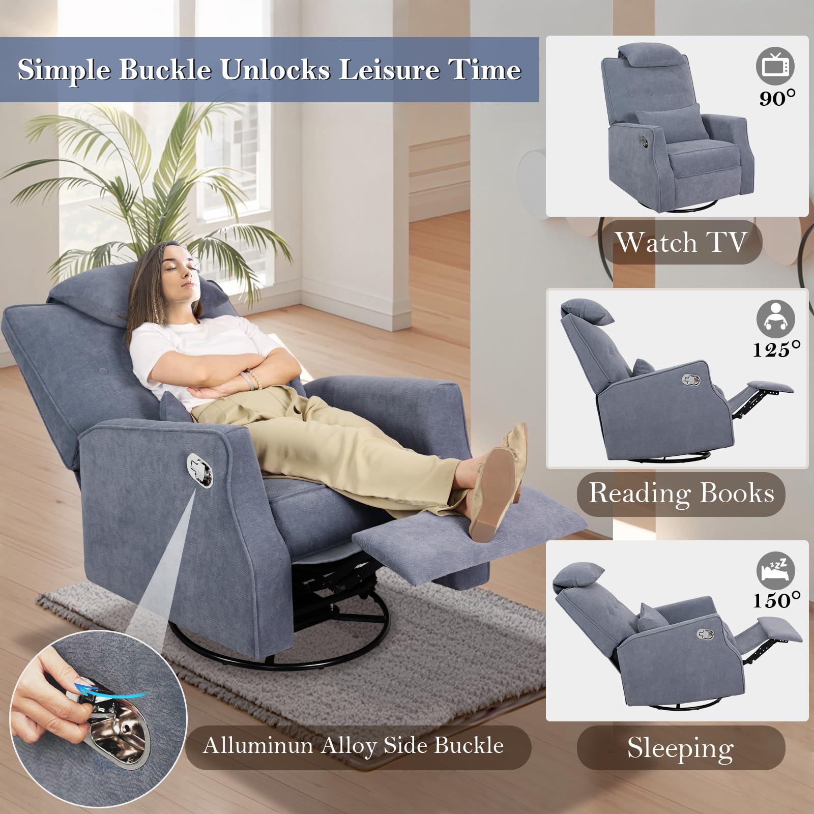 DIFYHOMEY DIFYHOMEY Nursery Swivel Glider Recliner Chair Chenille Upholstered Accent Glider Rocker Recliner with Headrest and Lumbar Support Pillow for Nursery Living Room Bedroom (Blue)