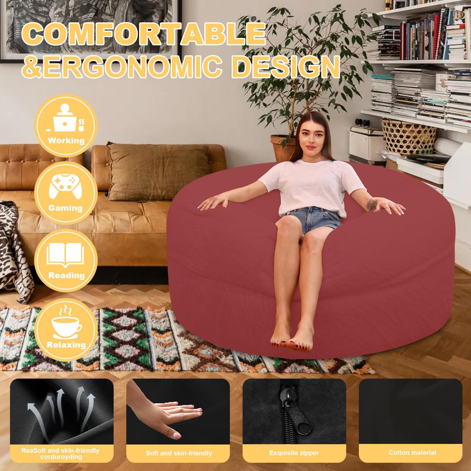 JZGYDD Bean Bag Chair with Filler, Giant Memory Foam Bean Bag Chair, Comfy Bean Bag Chair for Adults/Teens Round bean bag fluffy for Living Room Bedroom (wine red,7ft)