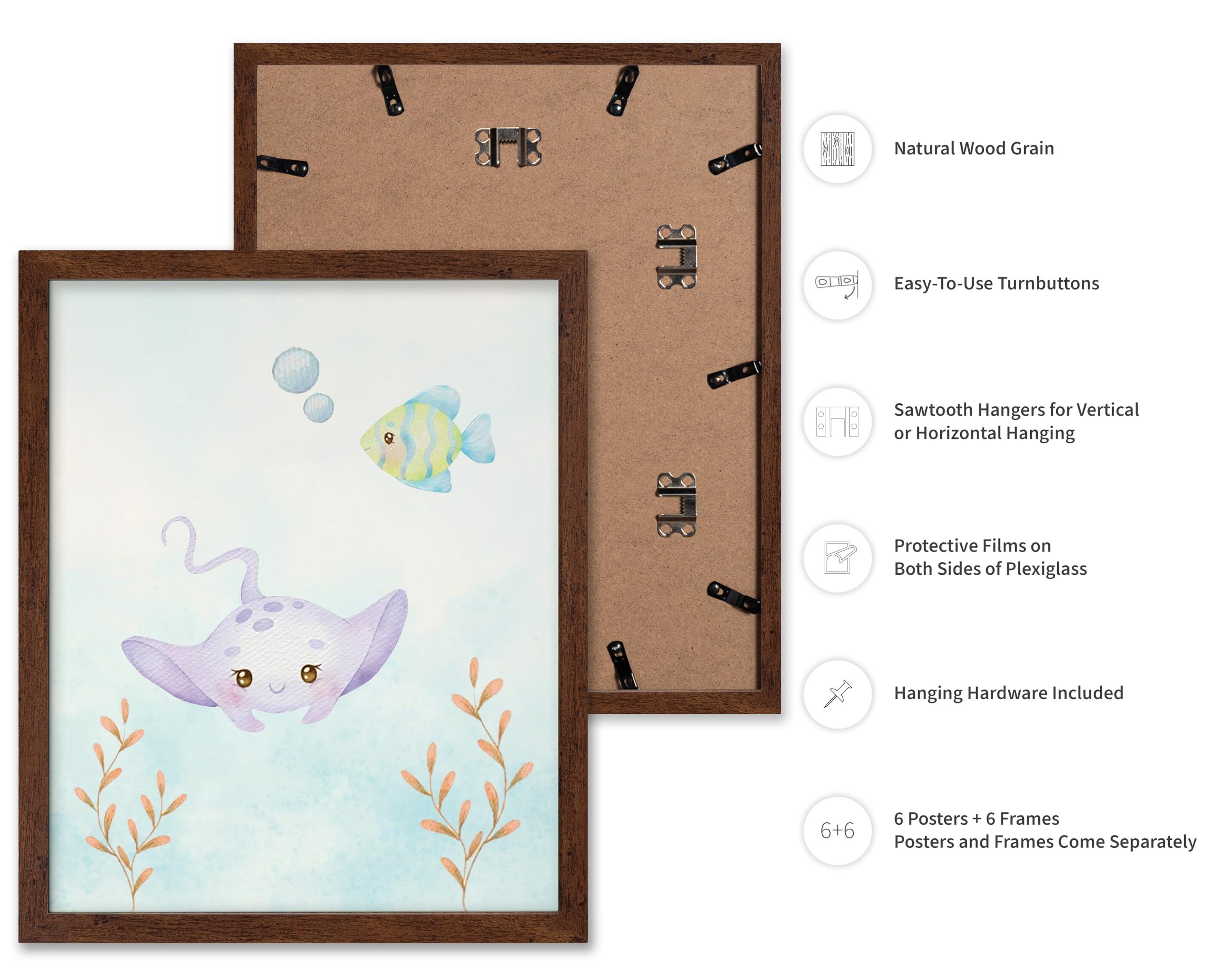 Poster Master Poster Master 6-Piece Sea Animals Poster - Aquatic Print - Pastel Color Art - Marine Life Art - Gift for Boys, Girls & Parents - Decor for Playroom, Kid\'s Room or Nursery, 8x10 Brown Framed