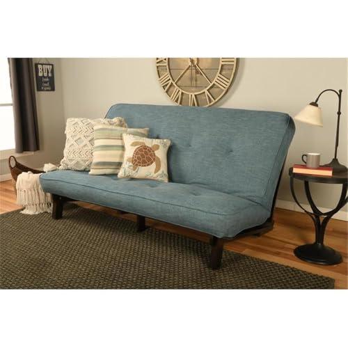 Kodiak Furniture Kodiak Furniture Carson Full Size Futon Frame and Mattress Set - Java Brown Finish Wood Futon Frame with Mattress Included in Linen Aqua Color