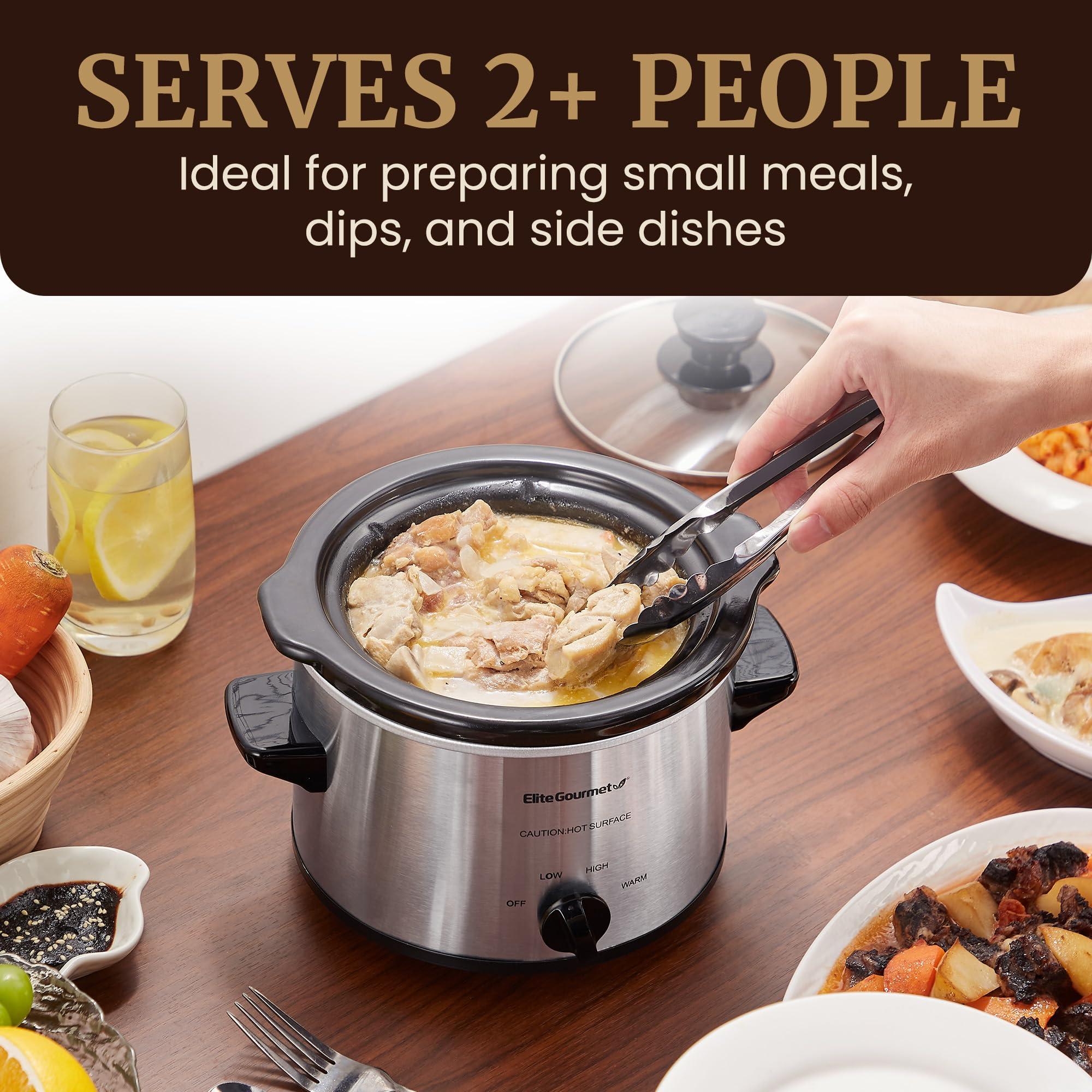 Elite Gourmet Elite Gourmet MST-250XS Electric Slow Cooker Ceramic Pot, Adjustable Temp, Entrees, Sauces, Stews & Dips, Dishwasher Safe Glass Lid & Crock, 1.5 Quart, Stainless Steel