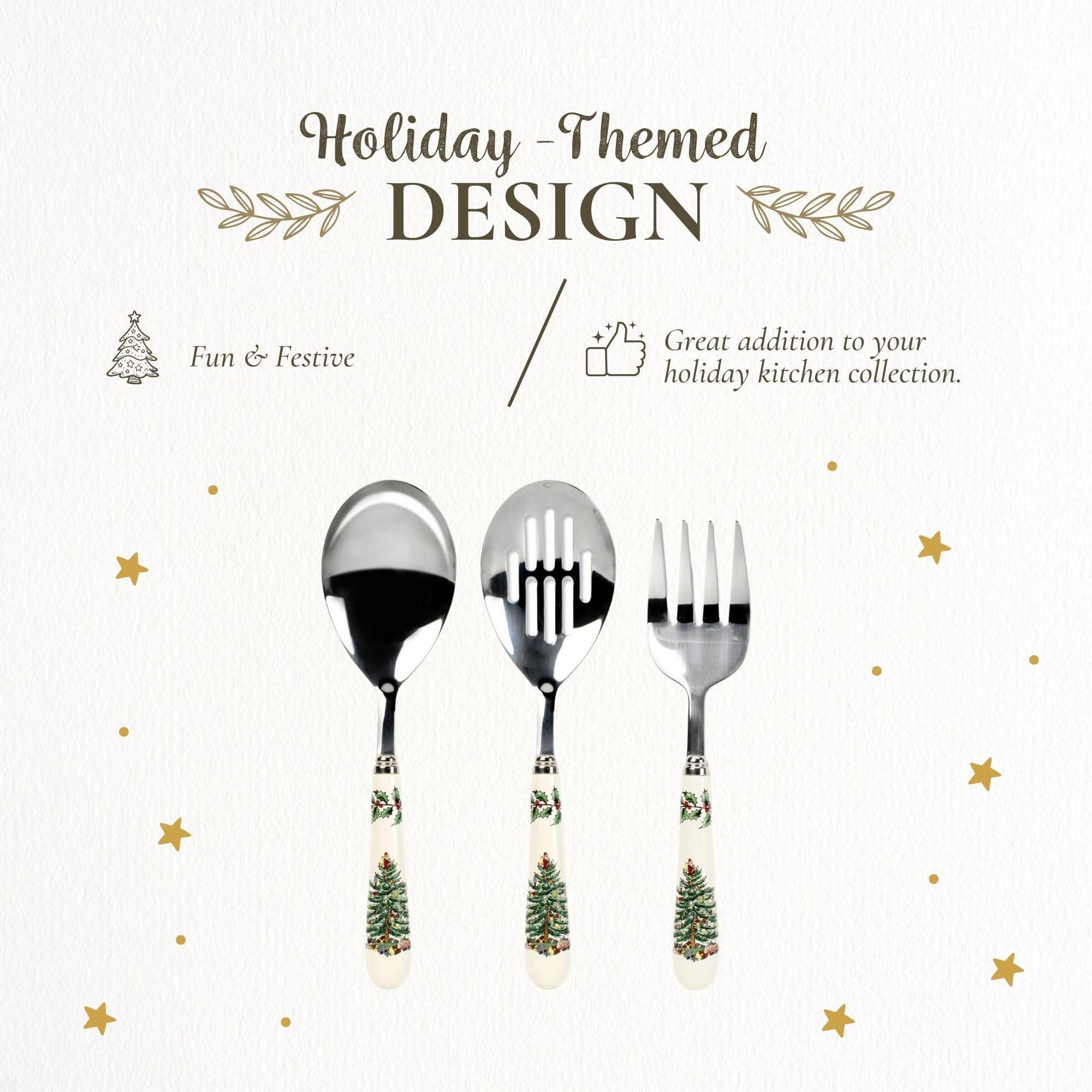 Spode Spode Christmas Tree 3-Piece Stainless Steel Cutlery Set - Porcelain Handle Flatware with Meat Fork, Serving Spoon, and Slotted Spoo - Holiday Silverware for Christmas Dinners & Seasonal Gatherings