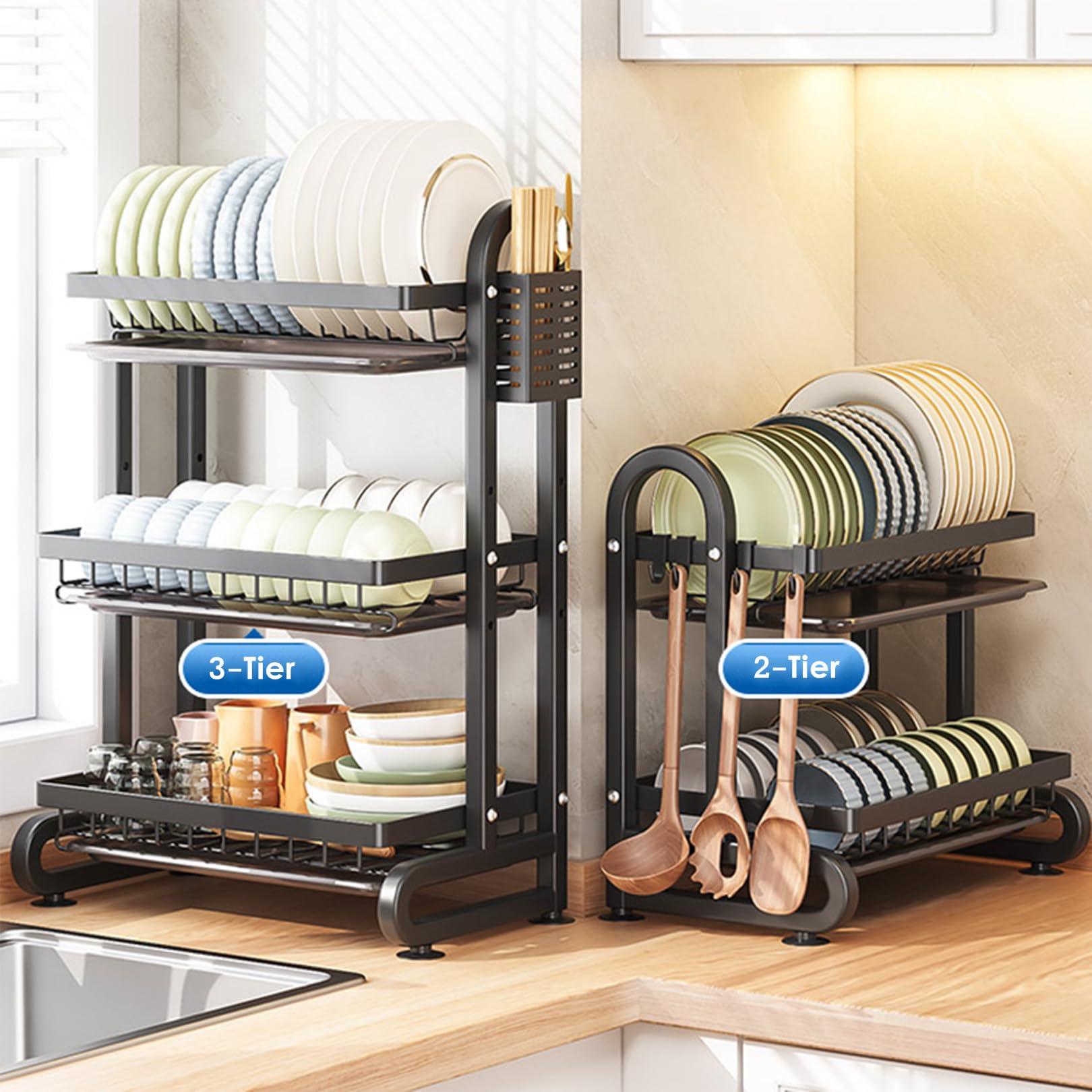 Generic 3 Tier Black Dish Drainer Rack with Drip Tray, Draining Dish Rack Drainer with Utensils Holder, Dish Drying Rack Kitchen Drainer for Small Kitchen Countertop