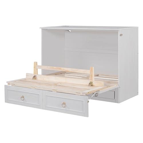 YOPTO YOPTO Murphy Bed Cabinet Full Size,Folding Wall Bed Chest with Large Storage Drawers,Hidden Platform Bed Frame W/USB Ports,Space-Saving,Easy Assembly,for Bedroom,Guest Room,Office,White