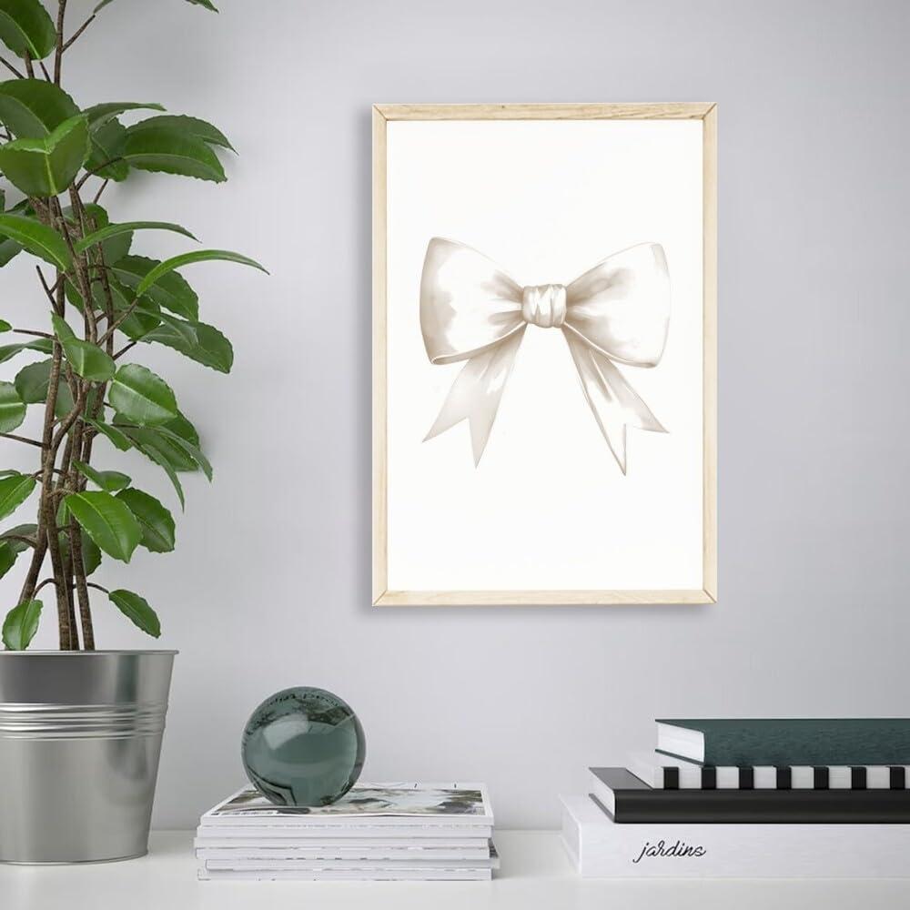 Generic Beige Bow Poster Preppy Aesthetic Wall Art Coquette Room Decor Beige Canvas Bow Print Girl Wall Art Pastel Prints Bedroom Wall Decoration16x24inch Framed