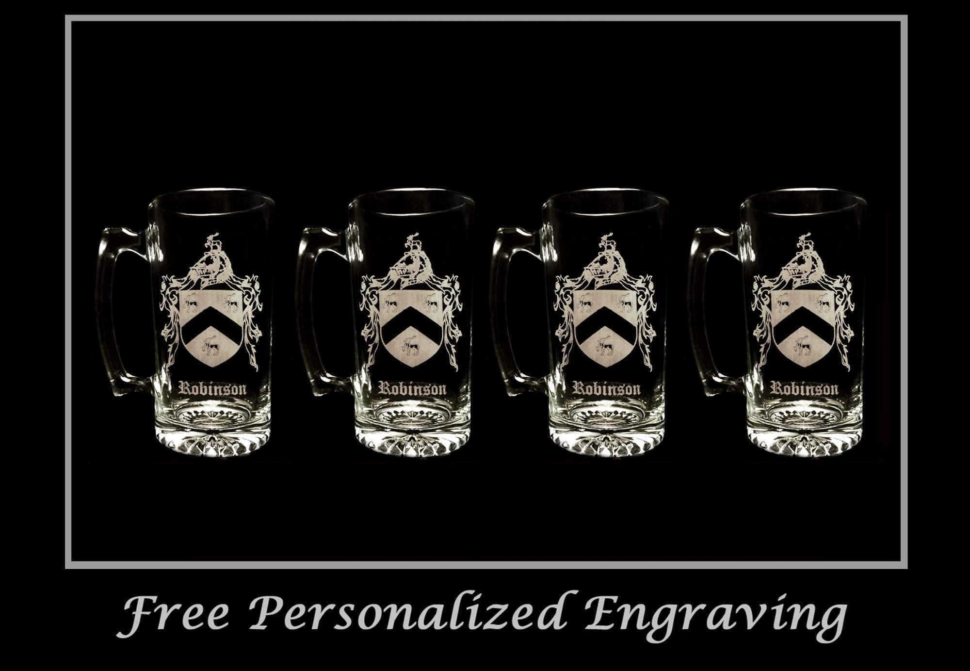 Generic Robinson English Family Coat of Arms 27oz Beer Stein Set of 4: Free Shipping & Personalized Engraving
