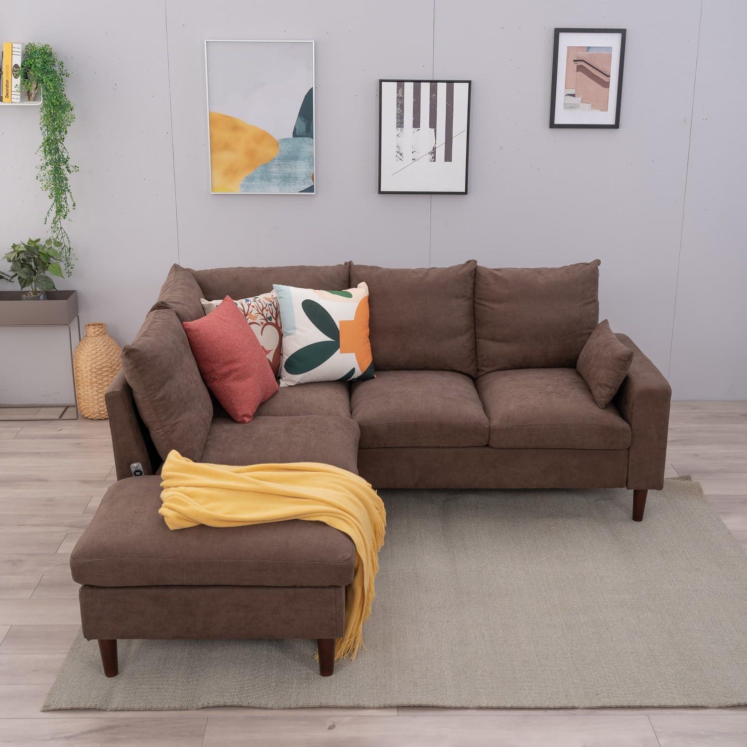 Panana Living Room Furniture Sectional L-Shaped Sofa with Built-in USB Port,Universal Corner Couch Extra Wide Chaise (Brown Linen Fabric, 5 Seater with Built-in USB Port - Track Arm)