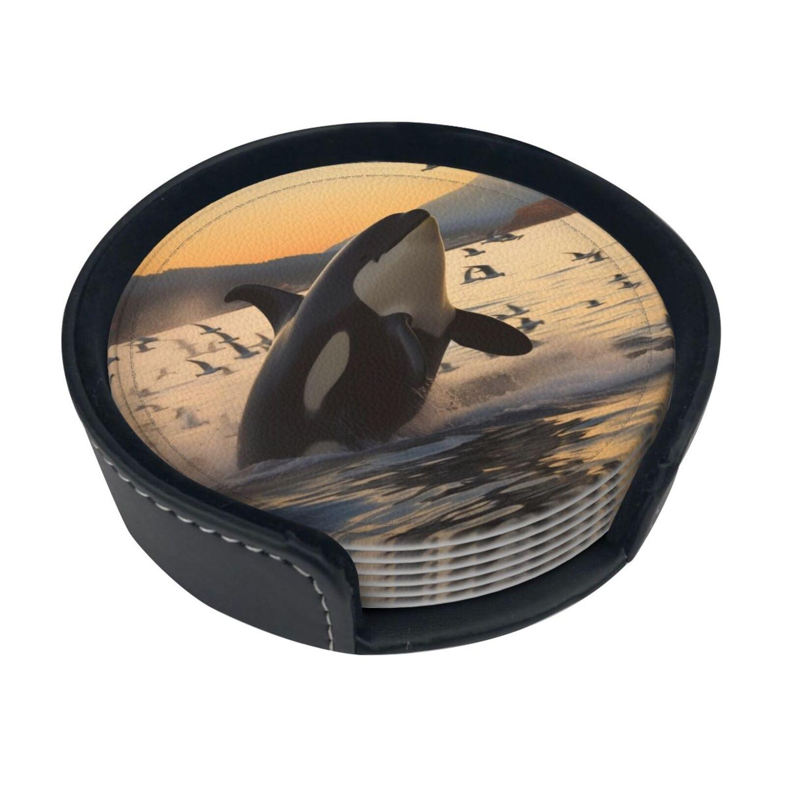 ZLYYXY Stylish Coasters - Killer Whale Set of 6 Round Leather Drink Coasters with Holder - Perfect Size for Cups and Glasses