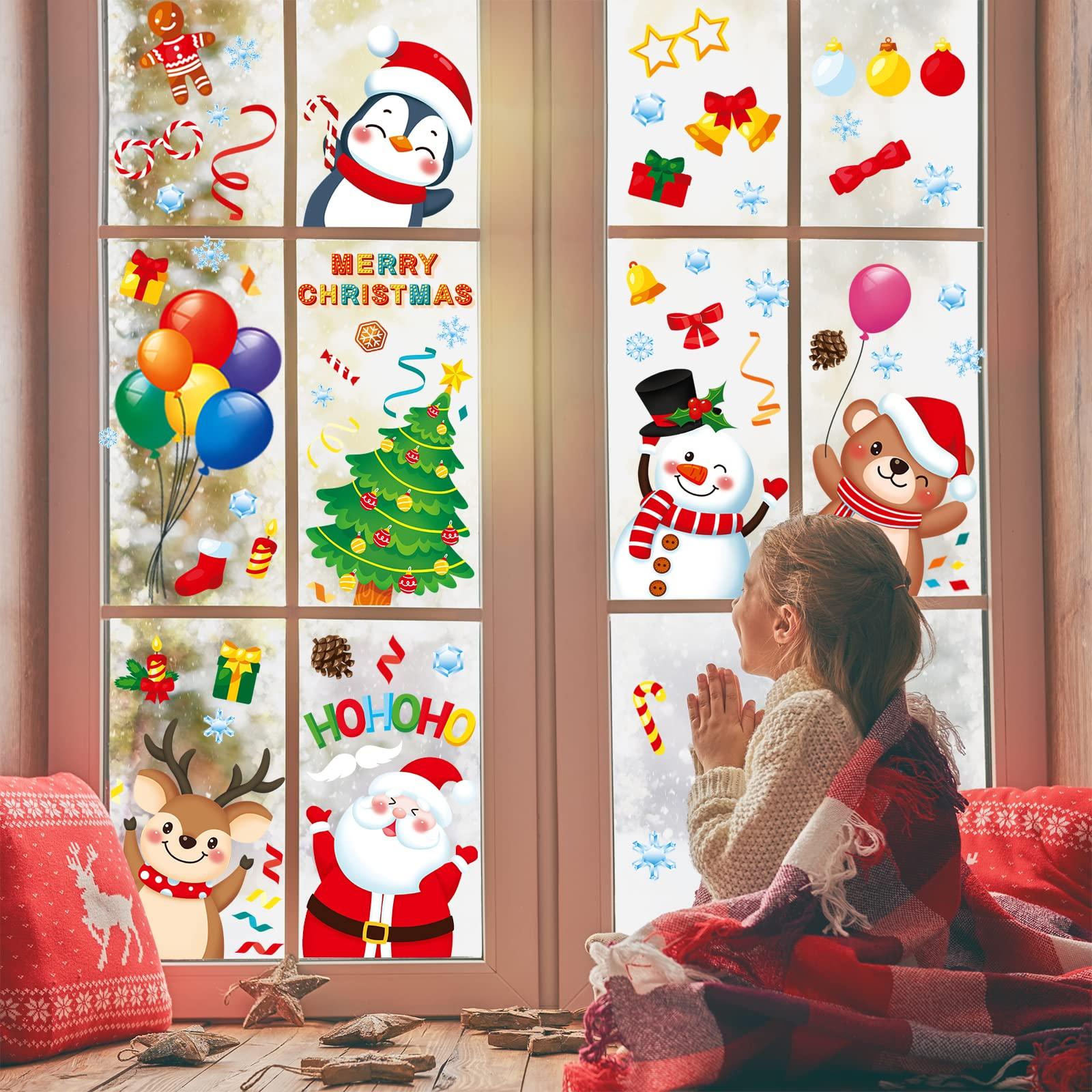 Generic Christmas Window Clings 9 Sheets Christmas Window Stickers Santa Snowman Reindeer Xmas Snowflake Merry Christmas Window Clings, Double-Side Window Decals for Party Decorations Home School Glass