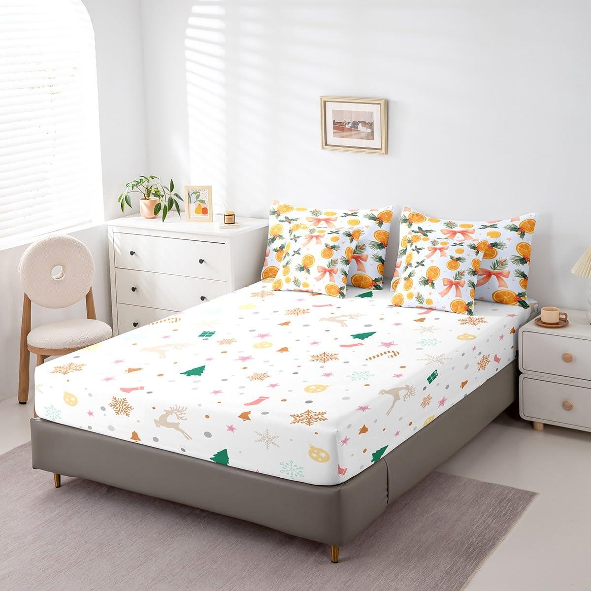 Feelyou Feelyou Merry Christmas Comforter Set with Sheets Christmas Bow Orange Flower Bed in a Bag for Kids Boys Girls Bedroom Bed Decor Xmas Christmas 7 Piece Bedding Set Queen Size Soft Bed Set