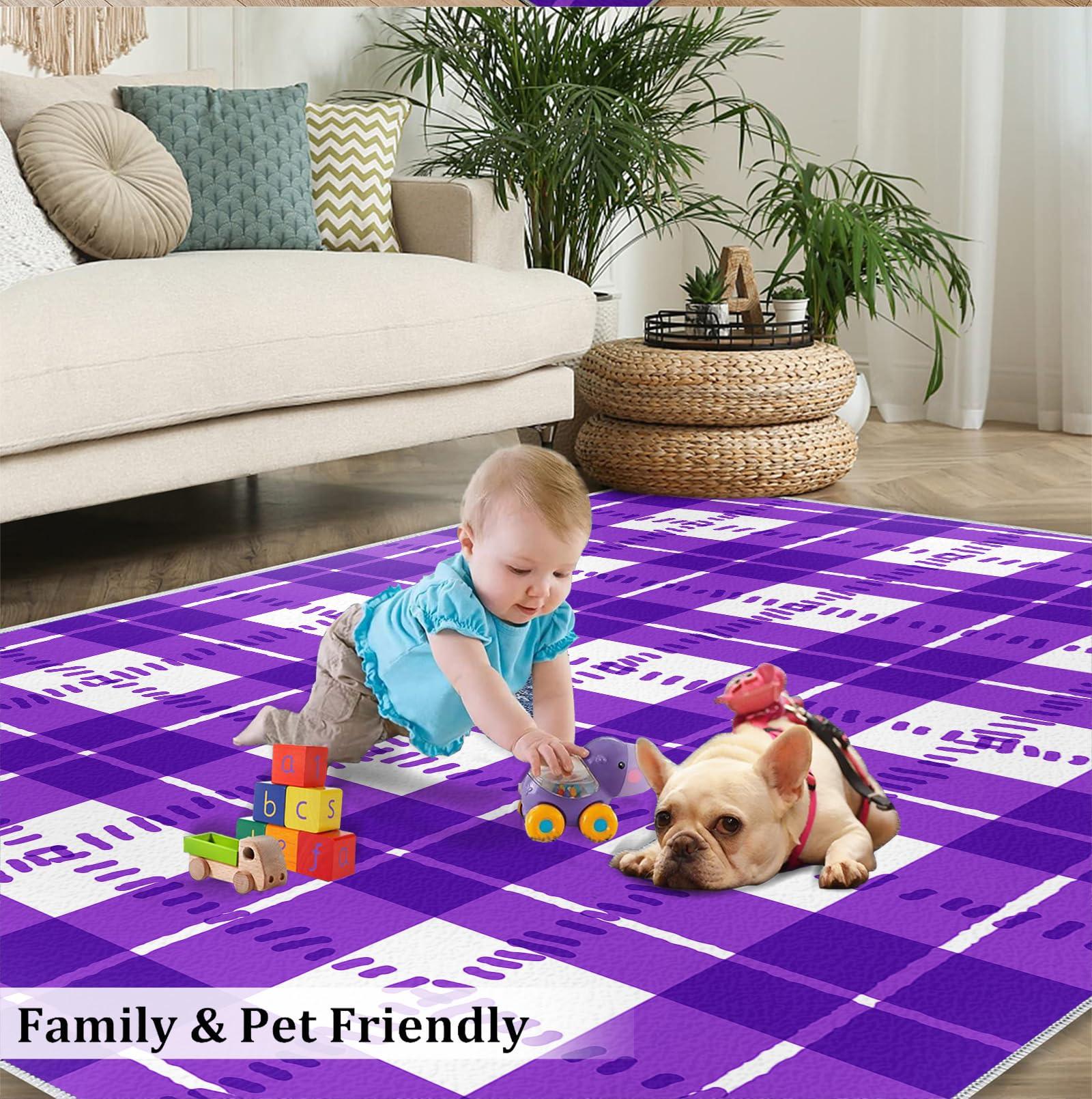 FACADUP Area Rug 7'x9' Creative Line Grid Purple Rugs, Exquisite Check Purple Area Rugs, Indoor Entrance Thin Rug Ultra Soft Throw Floor Carpet for Bathroom Laundry Room
