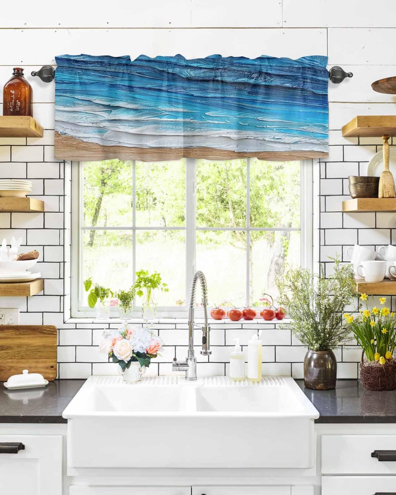 Double Love Blue Coastal Waves Valance Curtains for Living Room/Bedroom/Bathroom/Kitchen Window,Ombre Abstract Ocean Beach Minimalist Painting Rod Pocket Drape Curtains Small Cafe Drapery,1 Panel Valance 42"x12"