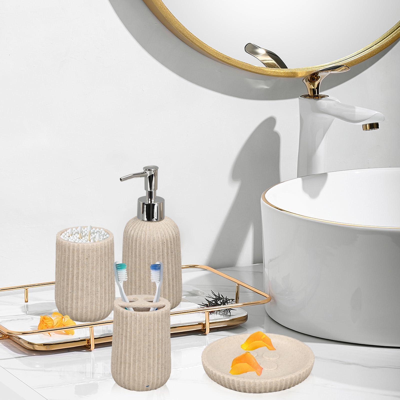 Tefola Tefola Beige Bathroom Accessories Set, 4 Pcs Resin Gift Set Apartment Necessities with Soap Dispenser,Toothbrush Holder,Bathroom Tumbler,Soap Dish for Vanity Countertop Accessories