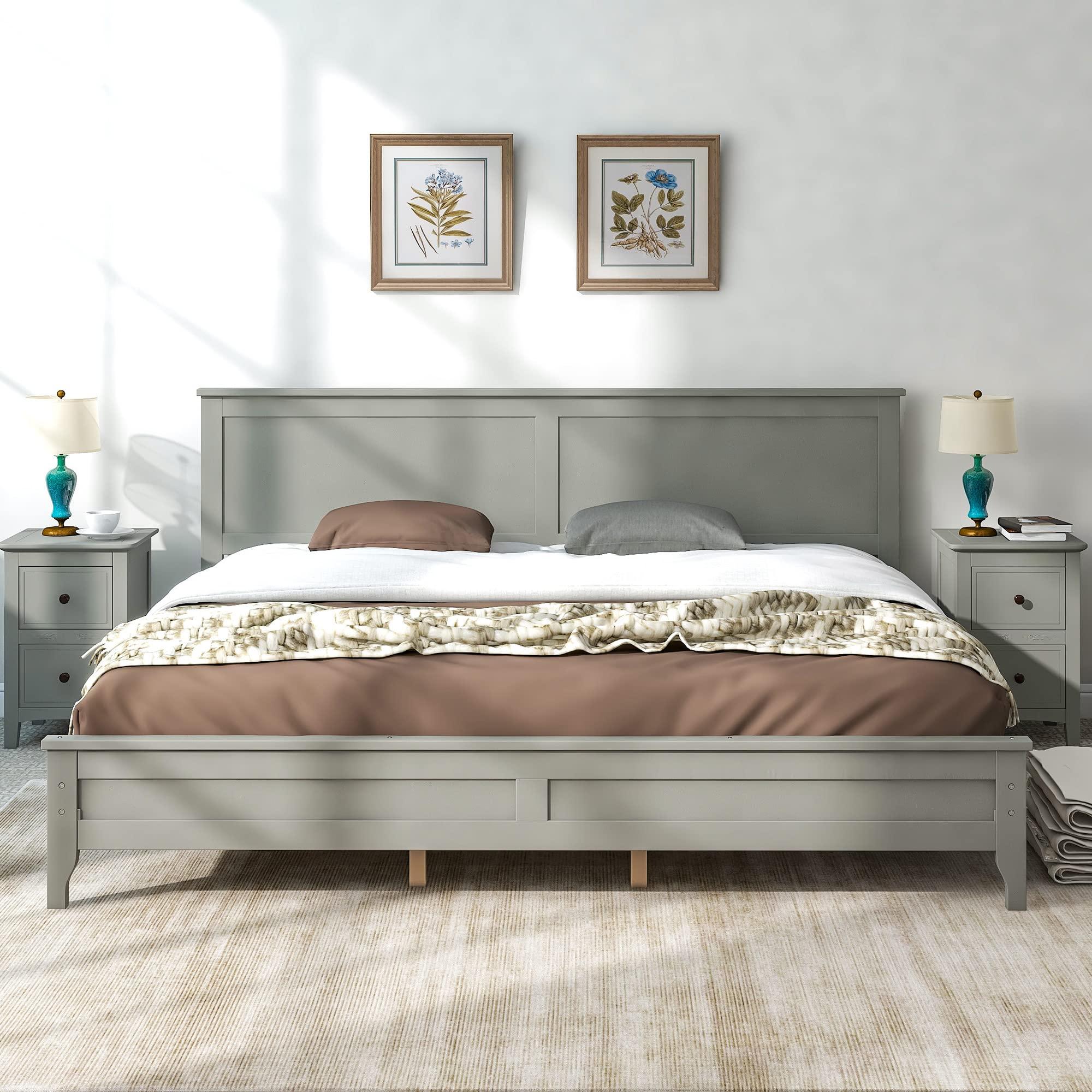 Voohek Solid Wood King Bed Frame, Platform Bed with Headboard, No Box Spring Needed, Removable Hardware, Tapered Wood Legs, Gray