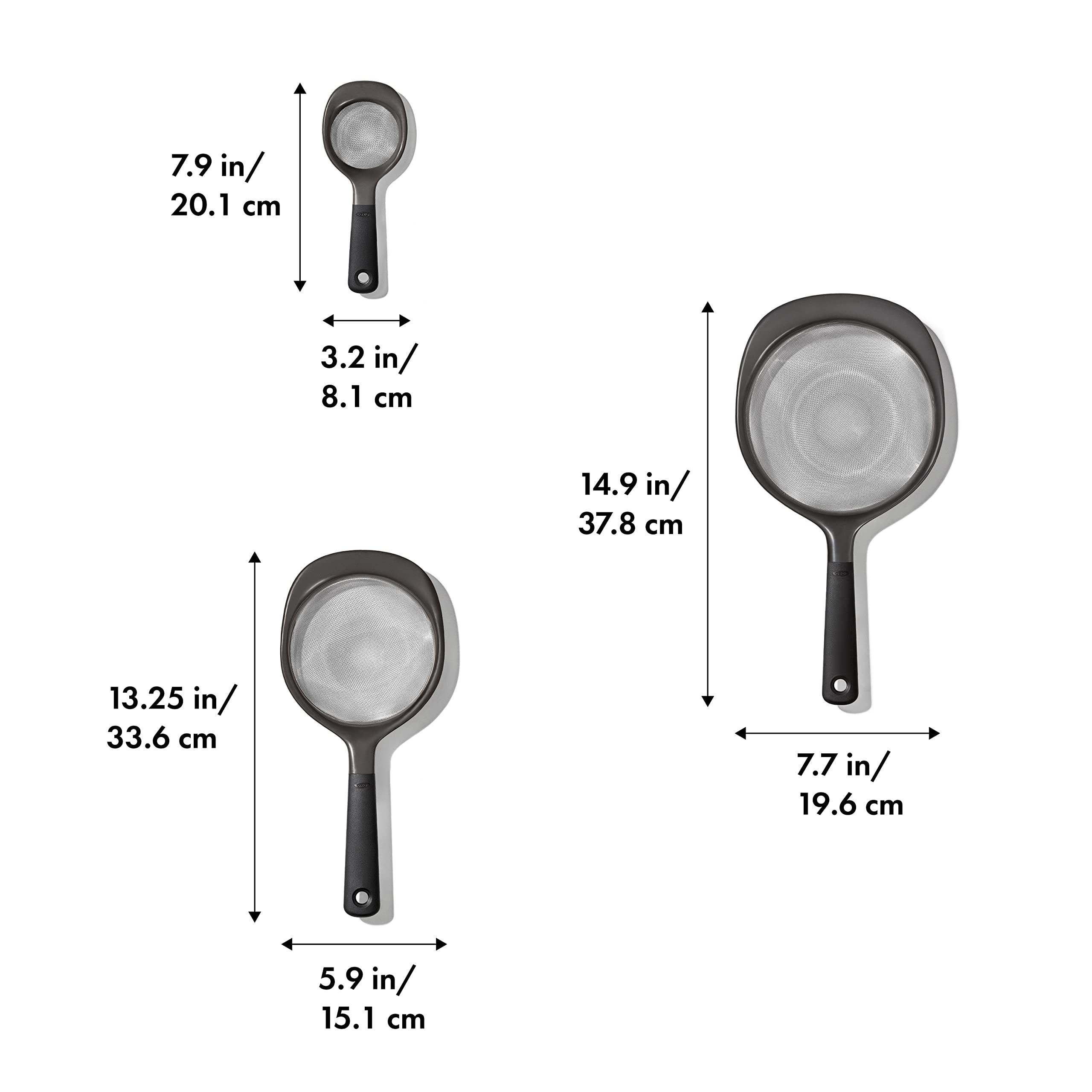 OXO OXO Good Grips 3-Piece Strainer Set (Black) and OXO Good Grips Stainless Steel Spider Scoop & Strain Skimmer (Black)