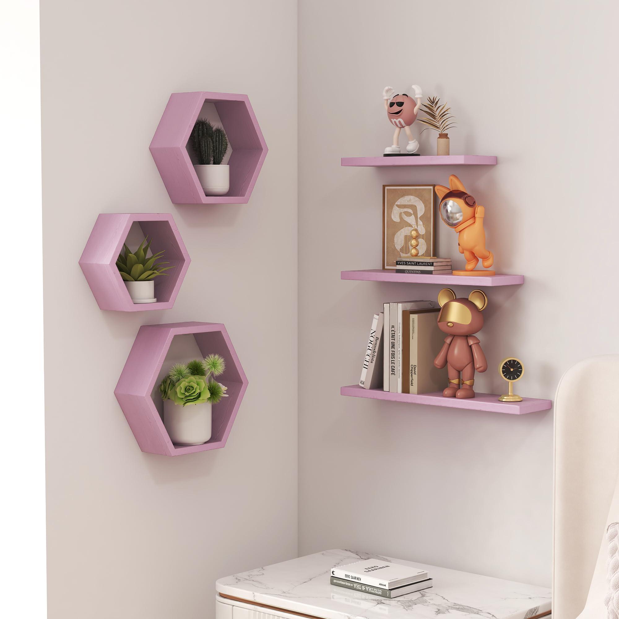 LUDORU LUDORU Wooden Hexagon Floating Shelves Wall Mounted,Set of 6 Pine Hexagon Shelves Display for Photos,Plants,Rustic Honeycomb Shelves for Living Room,Bedroom,Bathroom, Kitchen, Office Decor, Pink