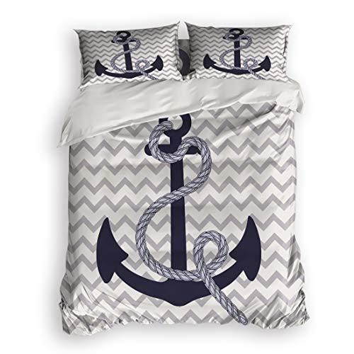 Prime Leader 4 Pcs Bedding Set-Nautical Navy Blue Anchor Grey White Chevron Zig Zag Ripple Duvet Cover Set Ultra Soft and Easy Care Sheet Quilt Sets with Decorative Pillow Covers for Children Kids Adults-Twin