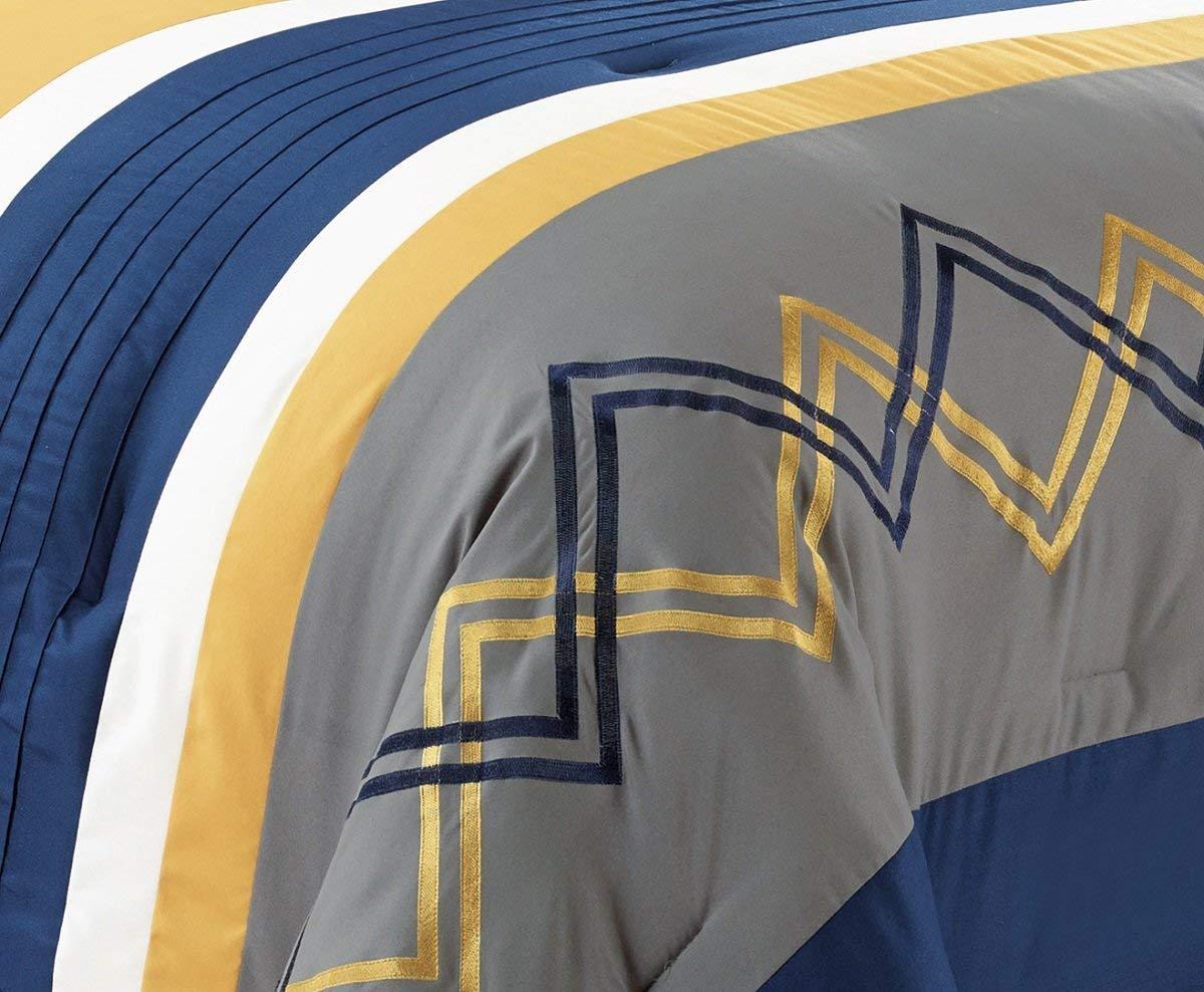 Chezmoi Collection Chezmoi Collection Arden 7-Piece Modern Pleated Stripe Embroidered Zigzag Bedding Comforter Set (King, Navy/Gray/Yellow/White)