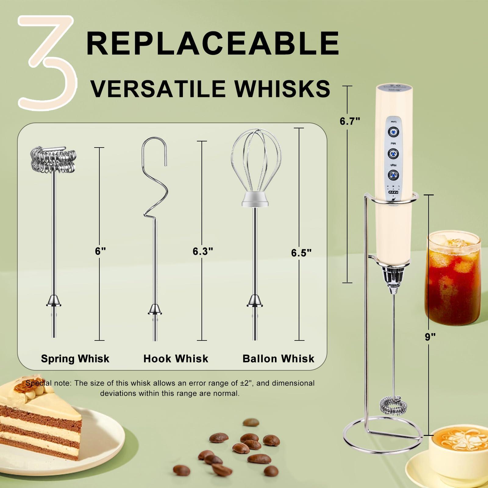YUSWKO YUSWKO Beige Handheld Milk Frother Wand with Stand for Coffee, Rechargeable Electric Whisk with 3 Heads 3 Speeds Drink Mixer Coffee Frother For Latte, Cappuccino, Hot Chocolate, Egg