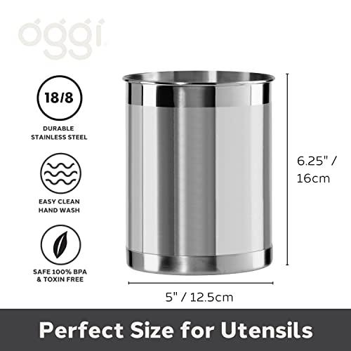 OGGI OGGI Stainless Steel Utensil Holder - 5" Diameter, Utensil Caddy, Weighted Base for Stability - Larger-Sized Utensil Crock and Countertop Utensil Organizer, Stainless Steel