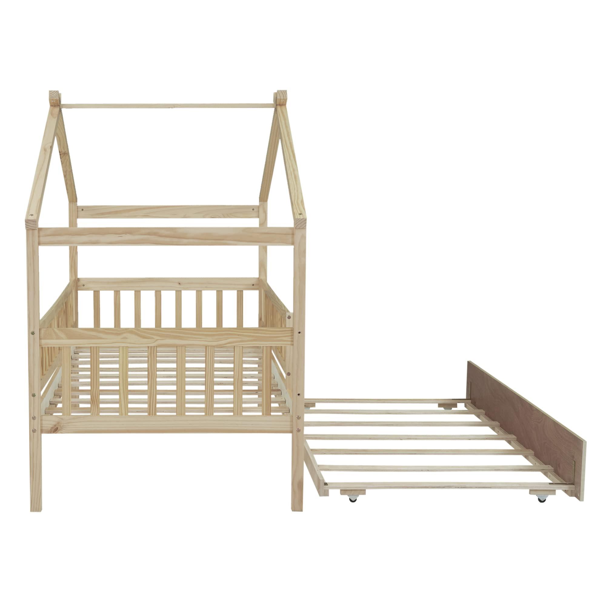 Yoglad Yoglad Twin Size Wooden House Bed with Twin Size Trundle and Fence-Shaped Guardrail, House Bed Frame Can Be Decorated Wood Playhouse for Girls, Boys (Natural)