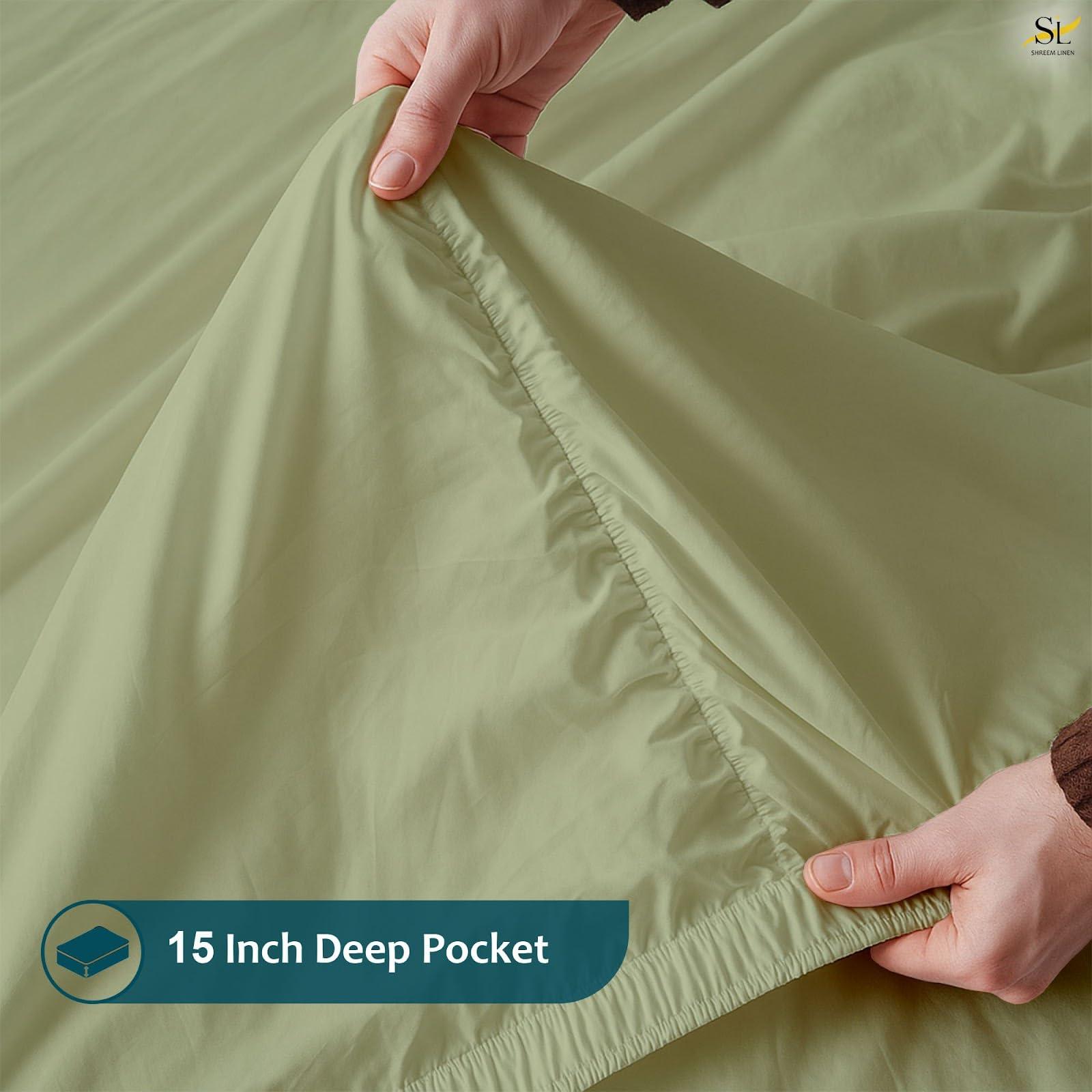 Shreem Linen Waterbed Sheets Queen Size Attached Waterbed Sheets 100% Egyptian Cotton 600-Thread Count 4 Piece Sheet Set 15\" Deep Pocket Attached Waterbed Sheet Set in Solid (Sage, Queen)