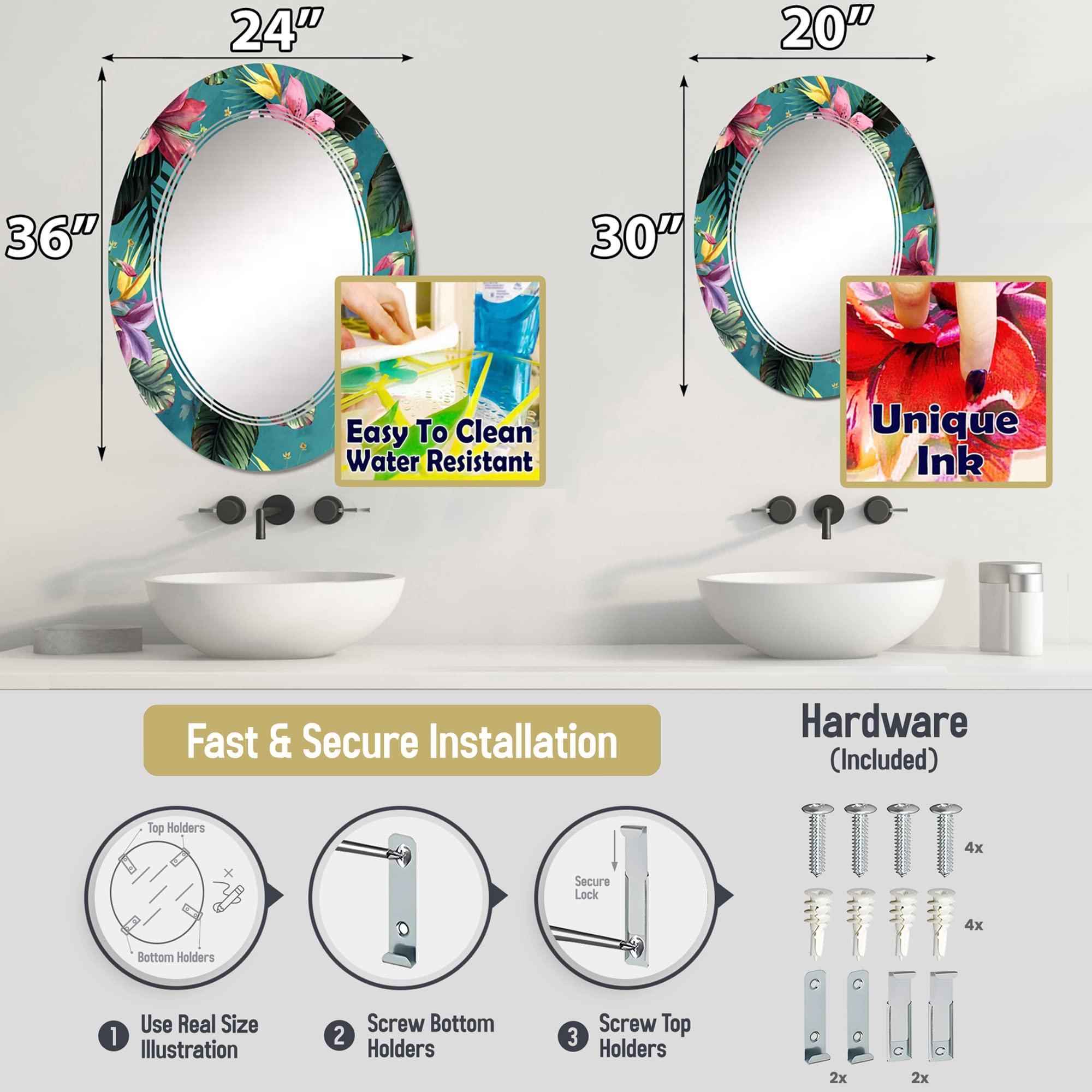 DesignQ Floral & Botanical wall mirror, Oval Traditional mirror, Round Red bathroom mirror, daisy vanity mirror Bunch of Burgundy and Blue Daisies I printed mirror decor, oval mirror 24x36