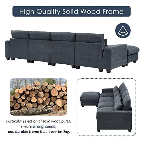 PONLEE Extra Wide Deep Seat Feather Filled Convertible Modular Sectional Sofa Cloud Couch with Reversible Chaise and Waist Pillows, 6 Seater Oversized Sleeper Lounge Sofa&Couches for Living Room Office