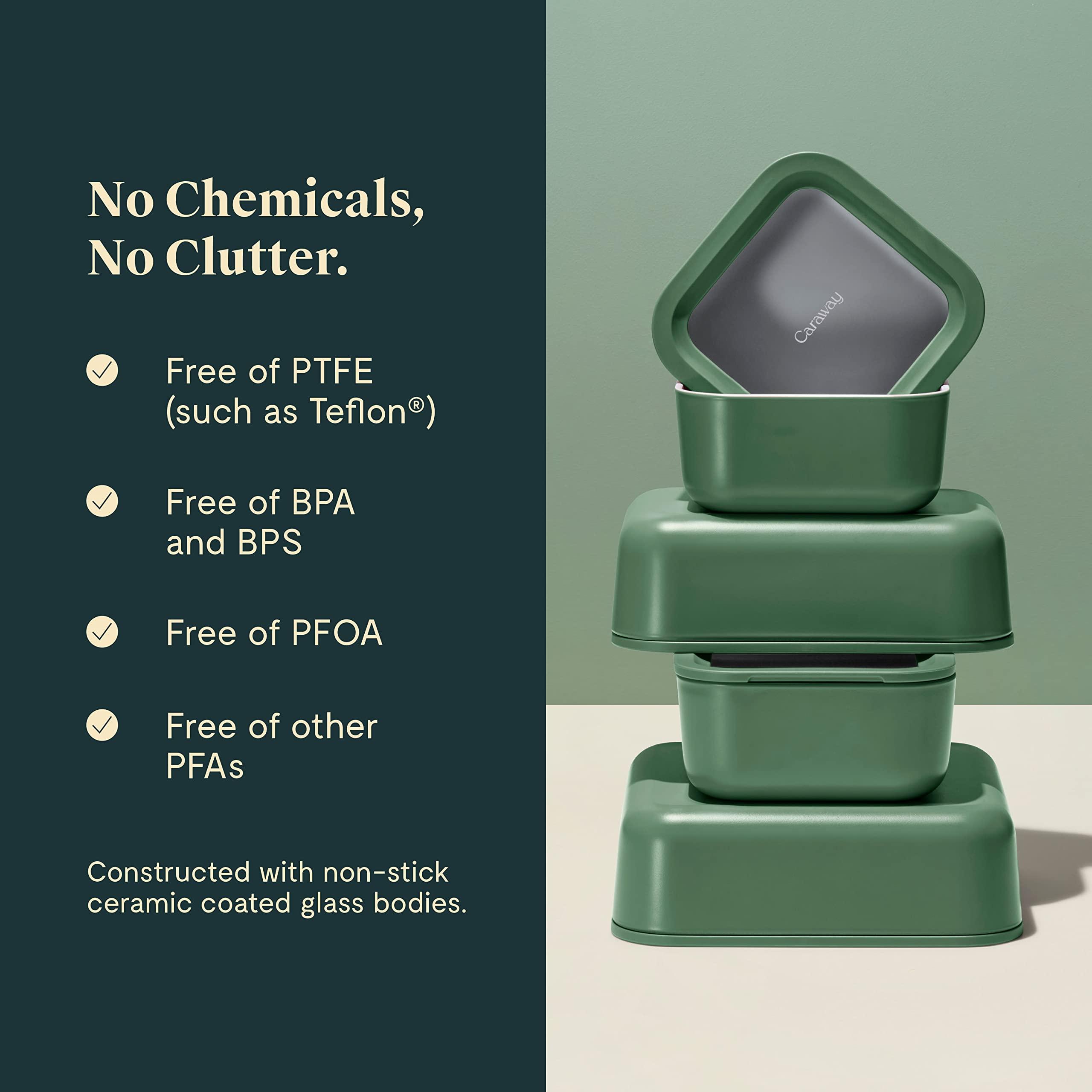 Caraway Caraway Glass Food Storage, 10 Cup Glass Container - Ceramic Coated Food Container - Easy to Store, Non Toxic, Non Stick Lunch Box Container with Glass Lids. Dishwasher, Oven, & Microwave Safe - Sage