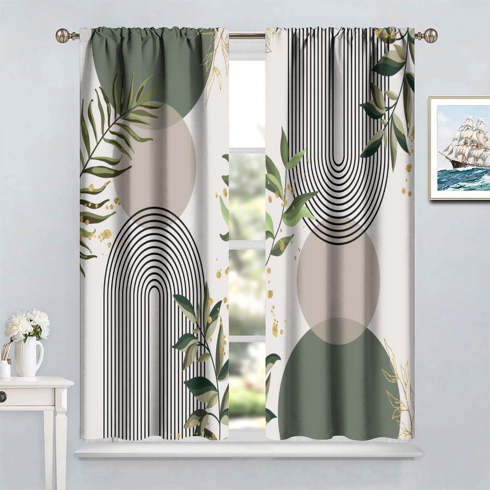 SENRUEGT SENRUEGT Mid Century Leaf Curtains,Abstract Leaf Sun Modern Minimalist Bedroom Window Treatments,Boho Green Plants Living Room Kitchen Window Drapes 42x54 Inch, Style