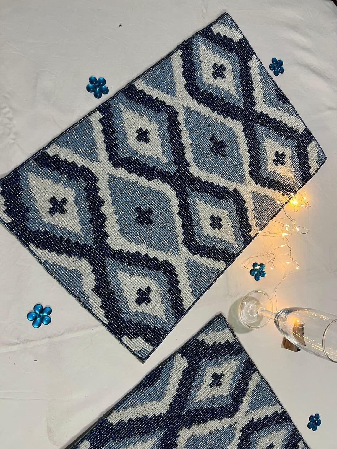 HM CREATION HM CREATIONS Set of 6 Placemats, Handmade Beaded Placemats, Geometrical Tablemats, Designer Charger Plates 12X15Inches (6)