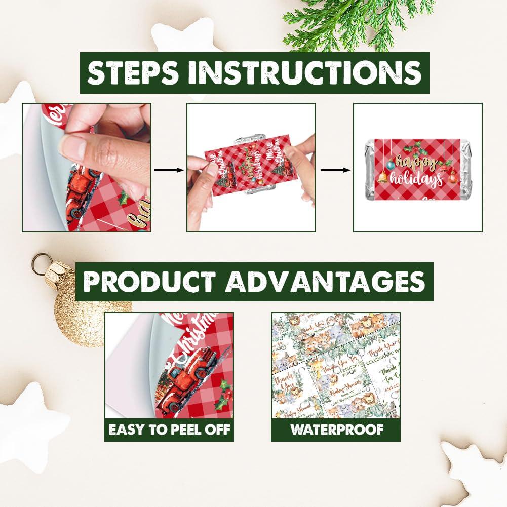 arricraft arricraft 120 Pcs Merry Christmas Mini Candy Bar Wrappers, Red Plaid Elk Xmas Tree Chocolate Bar Label Stickers Self Adhesive Stickers for Christmas Winter Holiday Party Favors(No Candy)