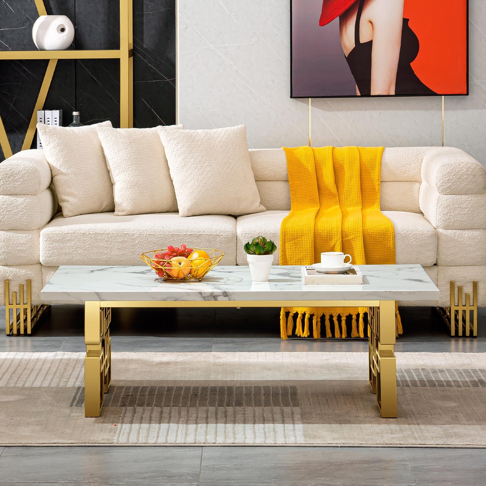 AUZ AUZ 2 Pieces Gold Living Room Table Sets, White and Gold Rectangle Living Room Coffee Tables with Geometric Base, White Coffee Table Set of 2