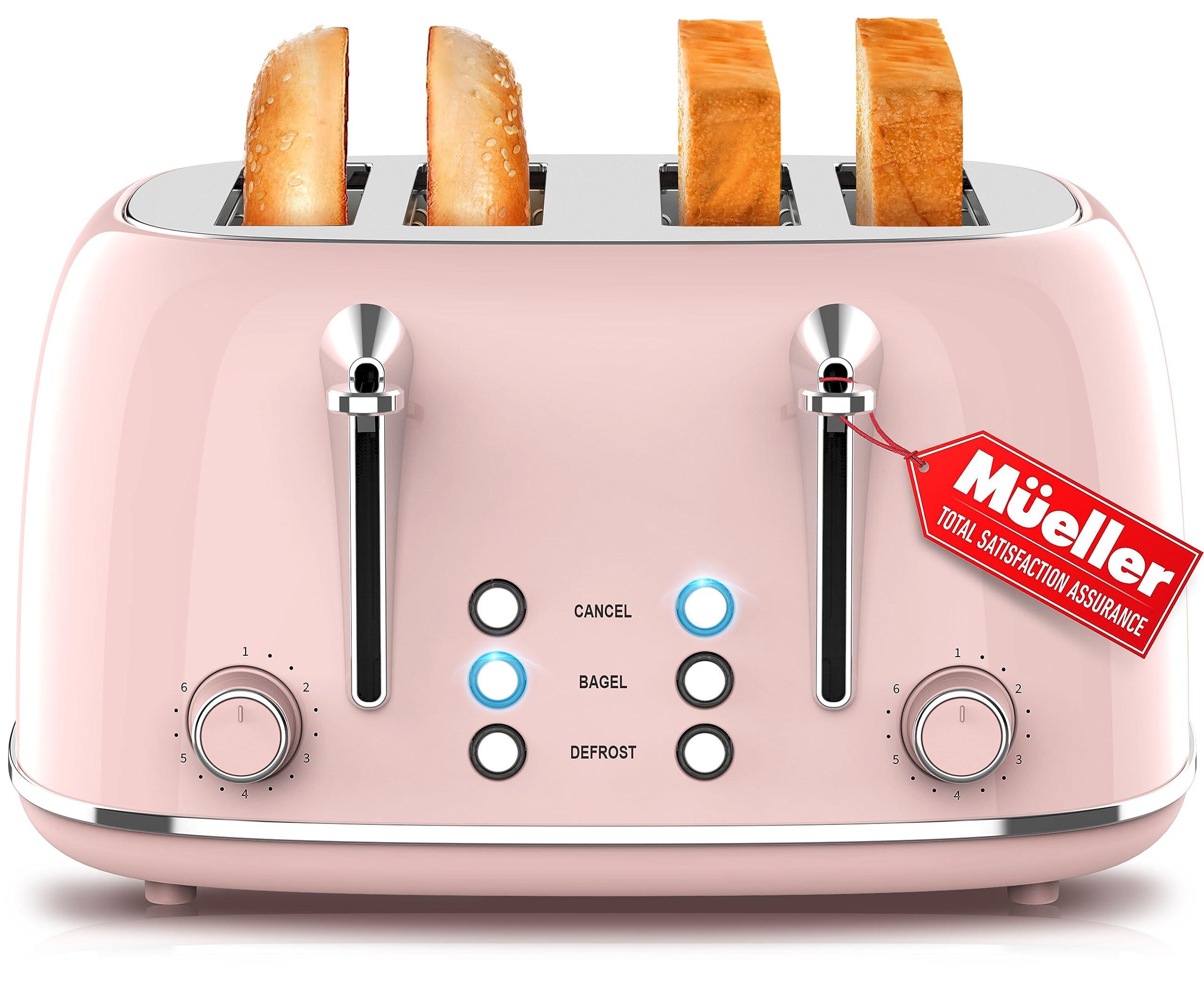 MELLERHOME Mueller Retro Toaster 4 Slice with Extra Wide Slots Bagel, Defrost, and Cancel Function, 6 Browning Levels, Dual Independent Controls, Removable Crumb Tray and High Lift Levers, Pink