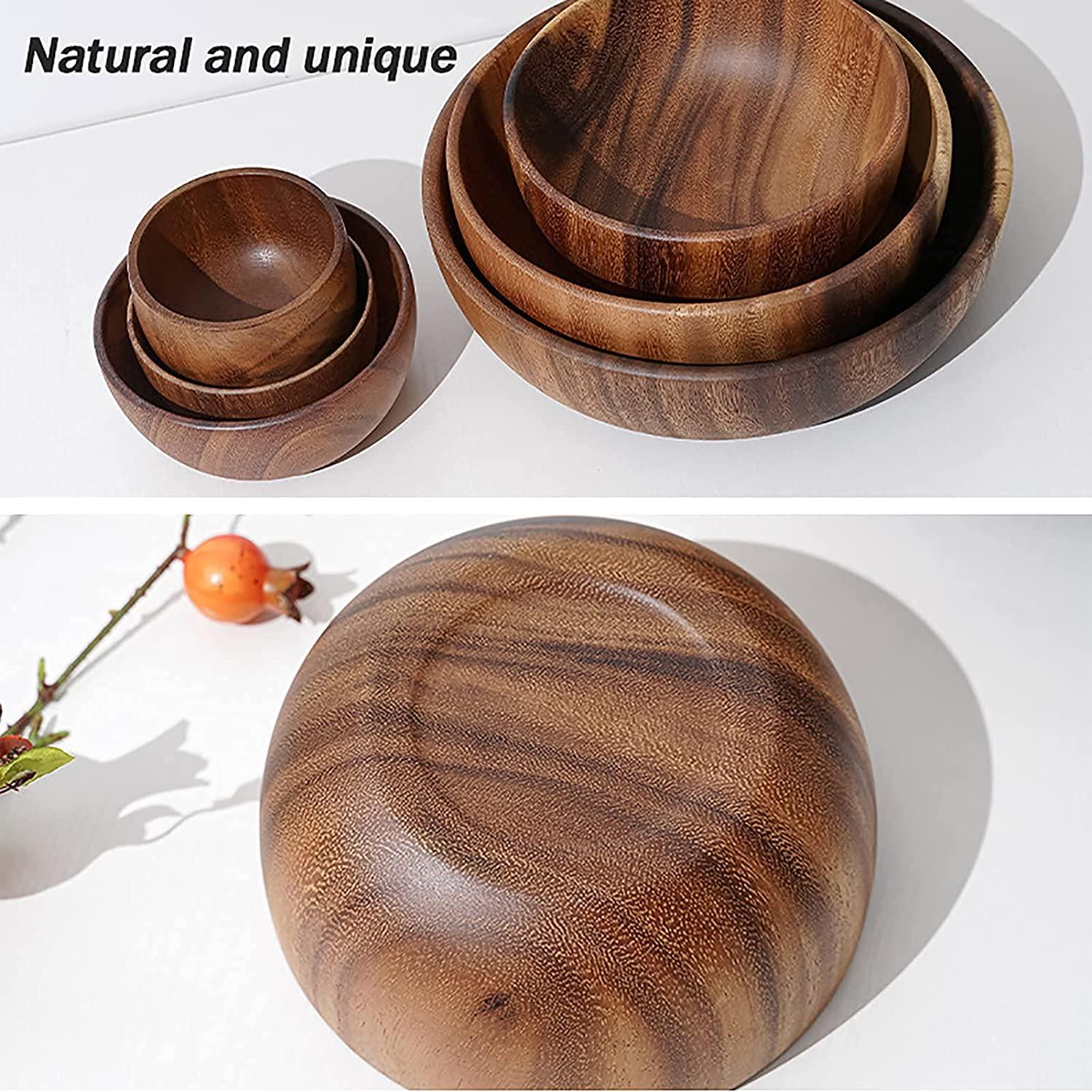 Junorstar Bowl Household Rice Bowl Ramen Bowl Tableware Wood Bowl with Servers Set, Wooden Salad Bowl Set of 5, Individual Bowls for Food And Snacks, Salads, Pasta, Acacia Hardwood Dinnerware Set,Brown