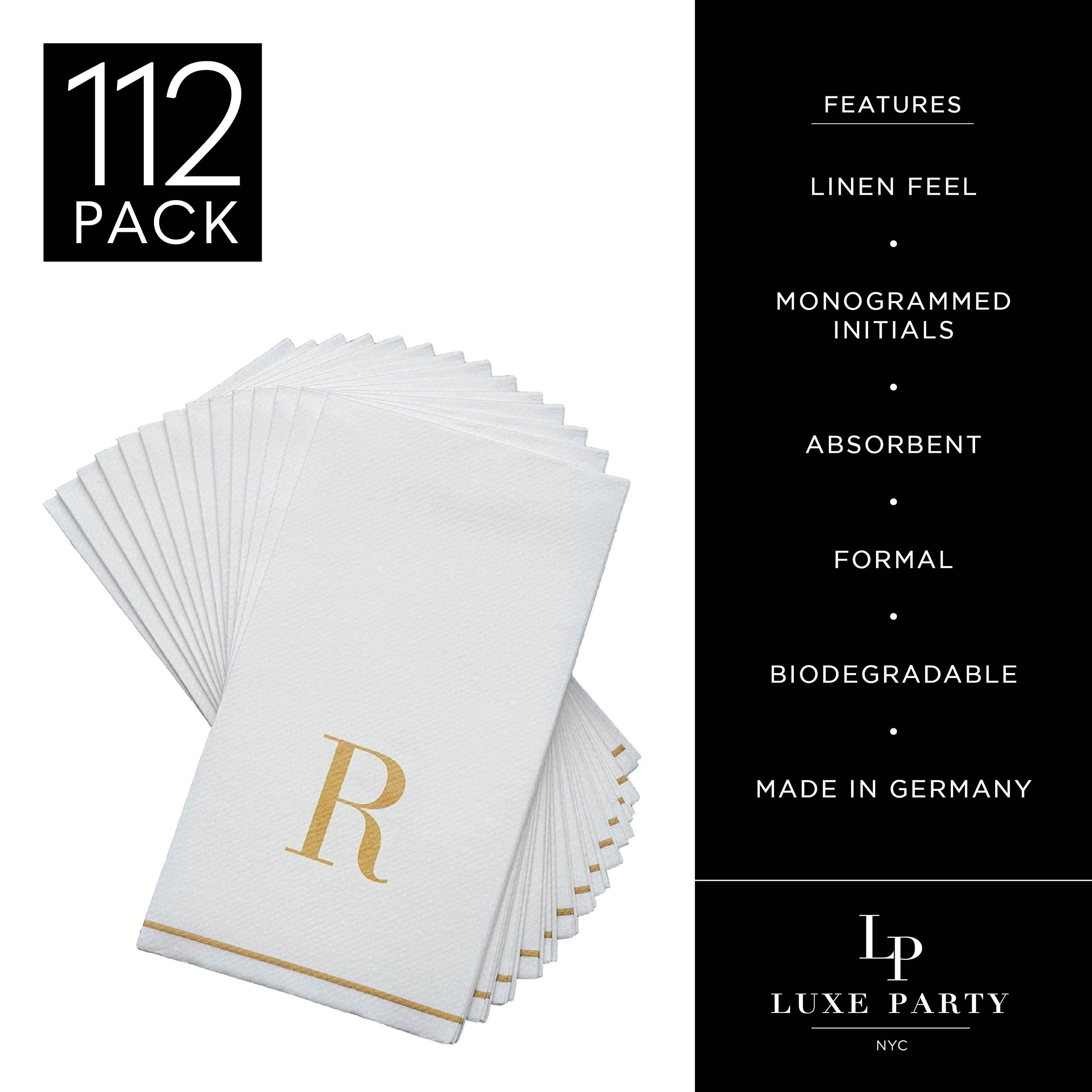 LUXE PARTY Luxe Party 112 Pack Monogram Napkins | Letter R Initial | Disposable | Premium Airlaid | Linen Feel | Decorative Table Setting | Guest Towel Napkin | White and Gold