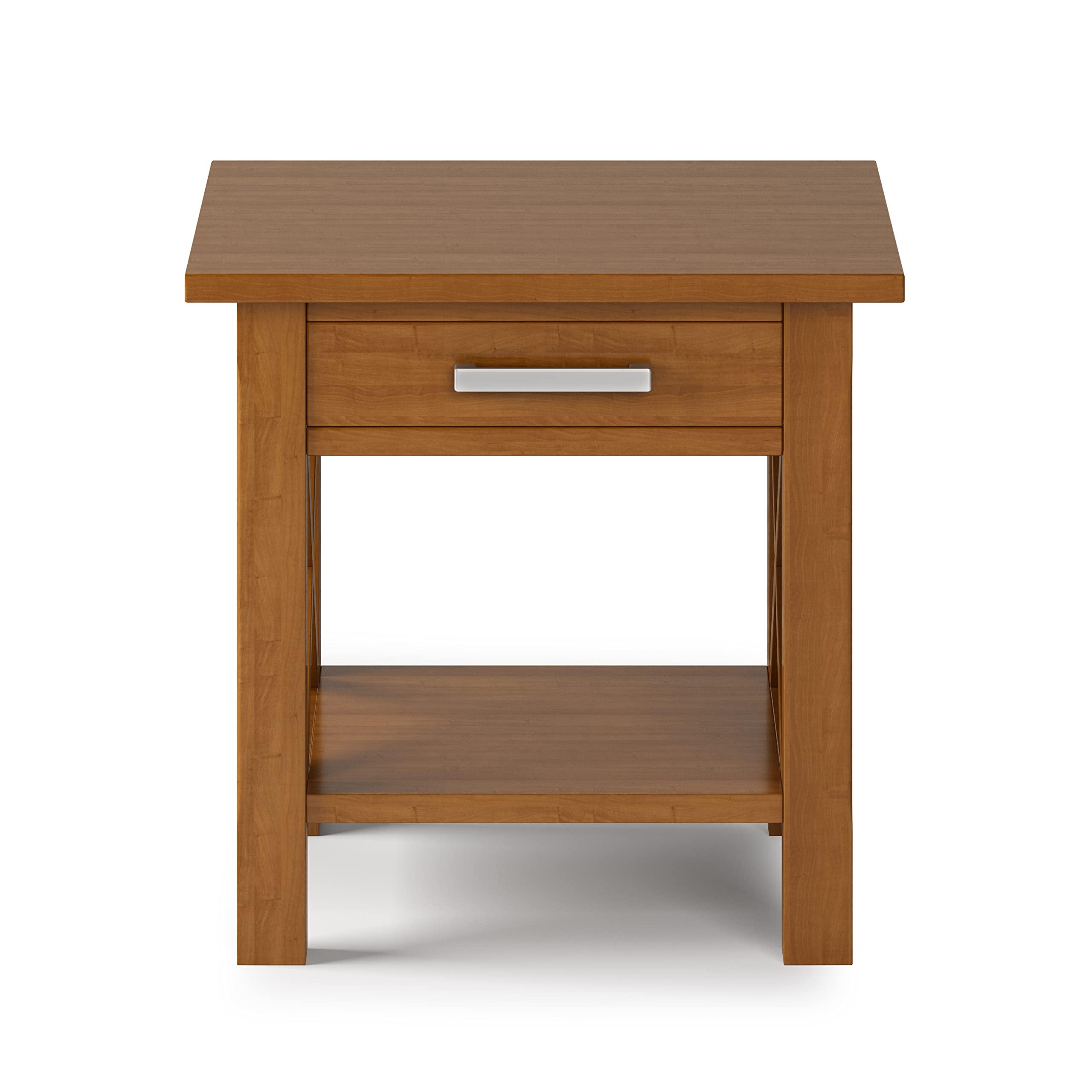 SIMPLIHOME SIMPLIHOME Kitchener SOLID WOOD 21 inch wide Square Contemporary End Side Table in Light Golden Brown with Storage, 1 Drawer and 1 Shelf, for the Living Room and Bedroom