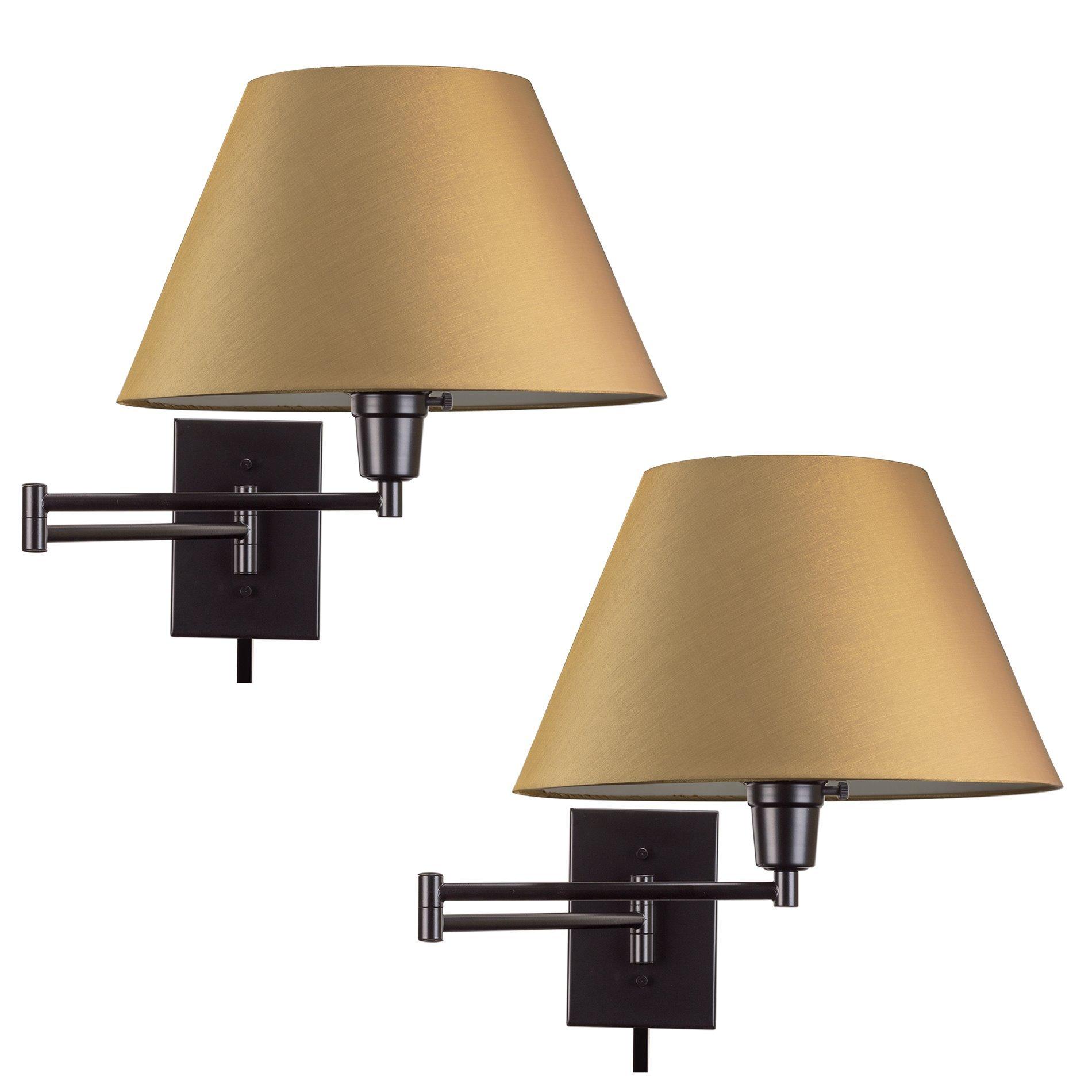 Kira Home Kira Home Cambridge 13\" Swing Arm Wall Lamp - Plug in/Wall Mount + Golden Bronze Fabric Shade, 150W 3-Way, Black Finish, 2-Pack