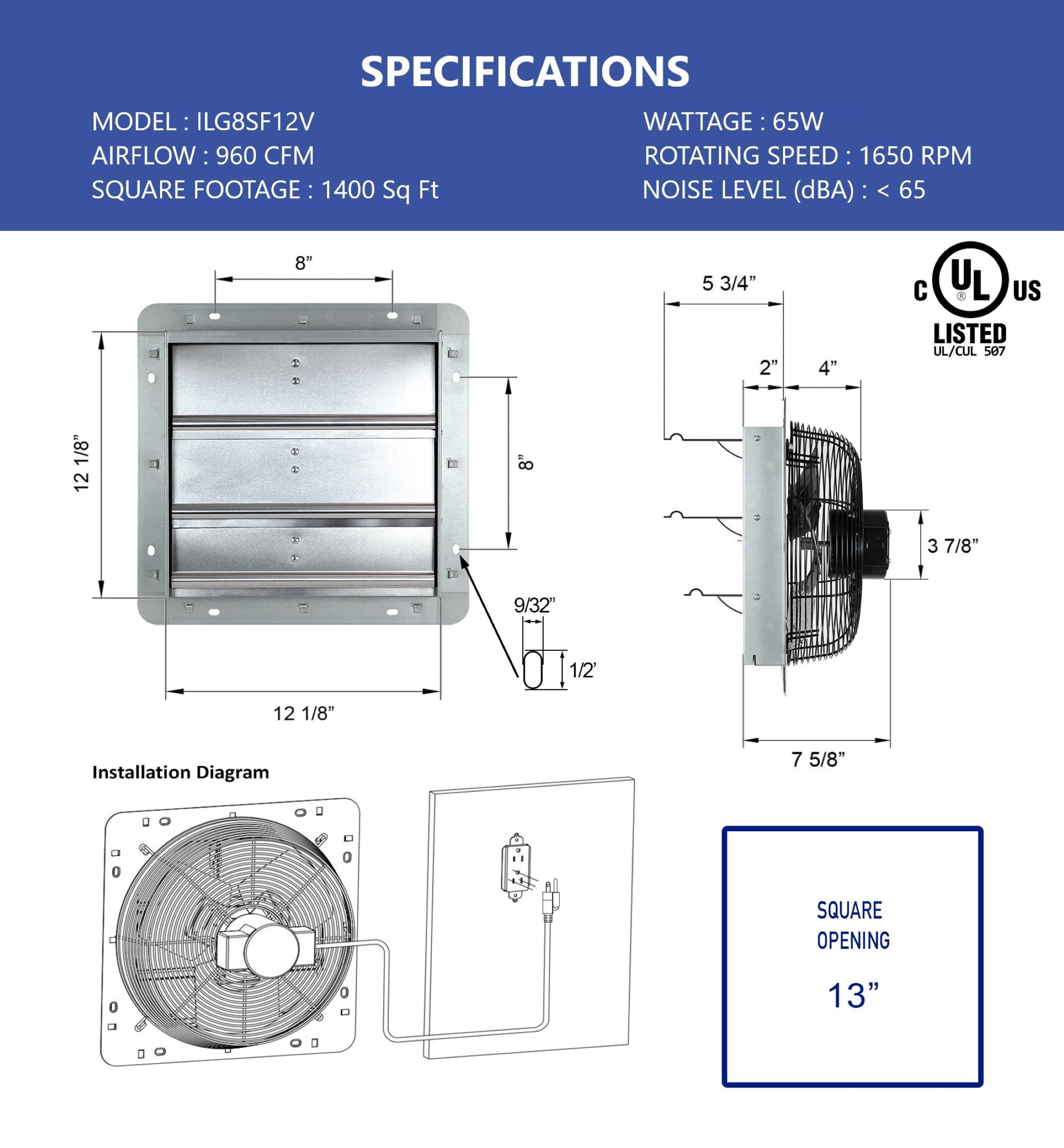 iLIVING iLiving 12-Inch Wall Mounted Exhaust Fan with Variable Speed, 960 CFM, 1400 SQF Coverage Area, Silver