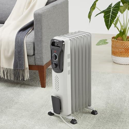 Amazon Basics Amazon Basics Oil Heater, Radiator Heater for Indoor Use, With Over-Heat Protection, 7 Oil-Filled Steel Fins, 3 Heat Settings, ETL-certified Safety, 1500W, White, 11"D x 14.8"W x 25.2"H