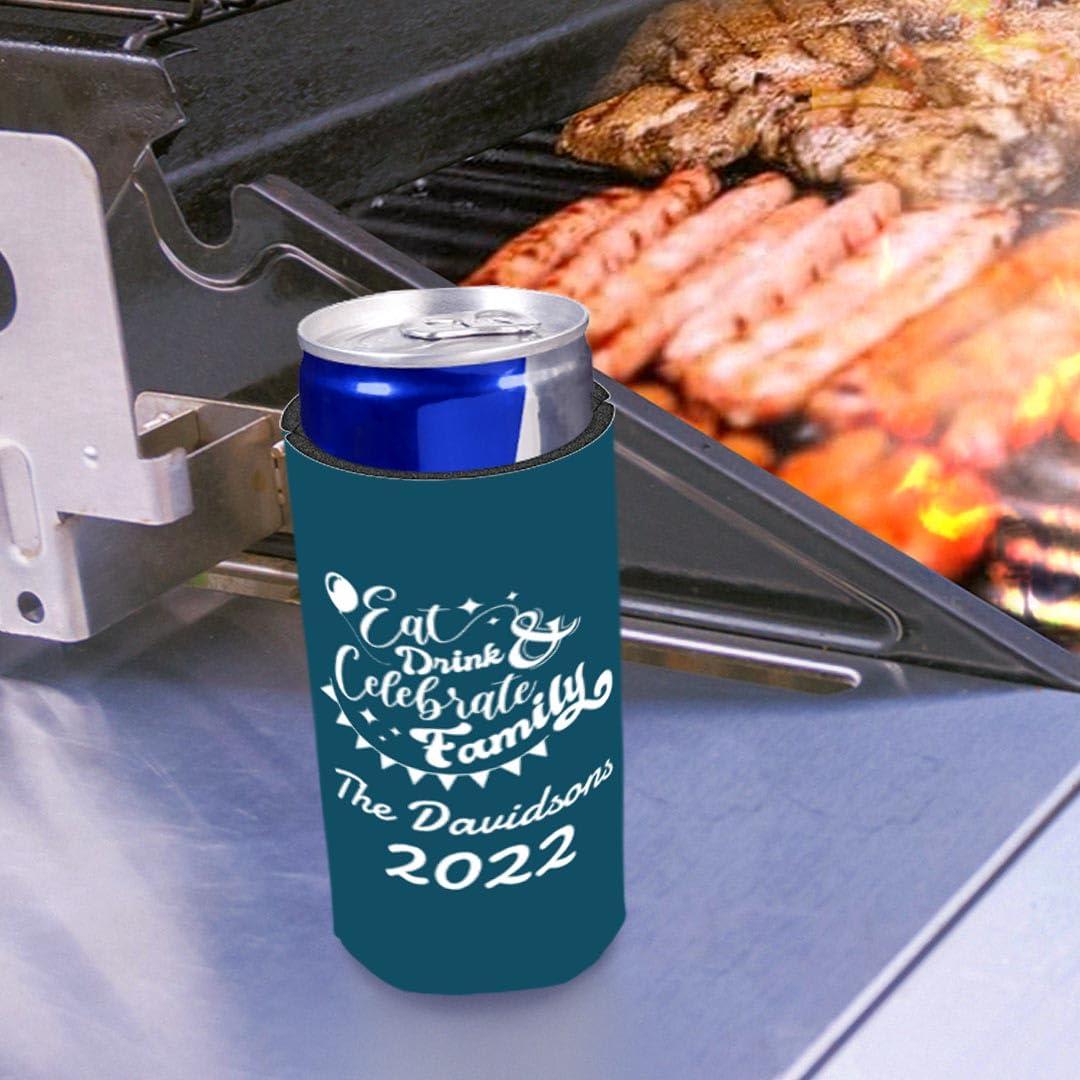 Personalized Gifts Custom Family Reunion Gifts Personalized Eat Drink Celebrate Family 6-Pack Personalized Ultra Slim Drink Sleeves Dark Teal